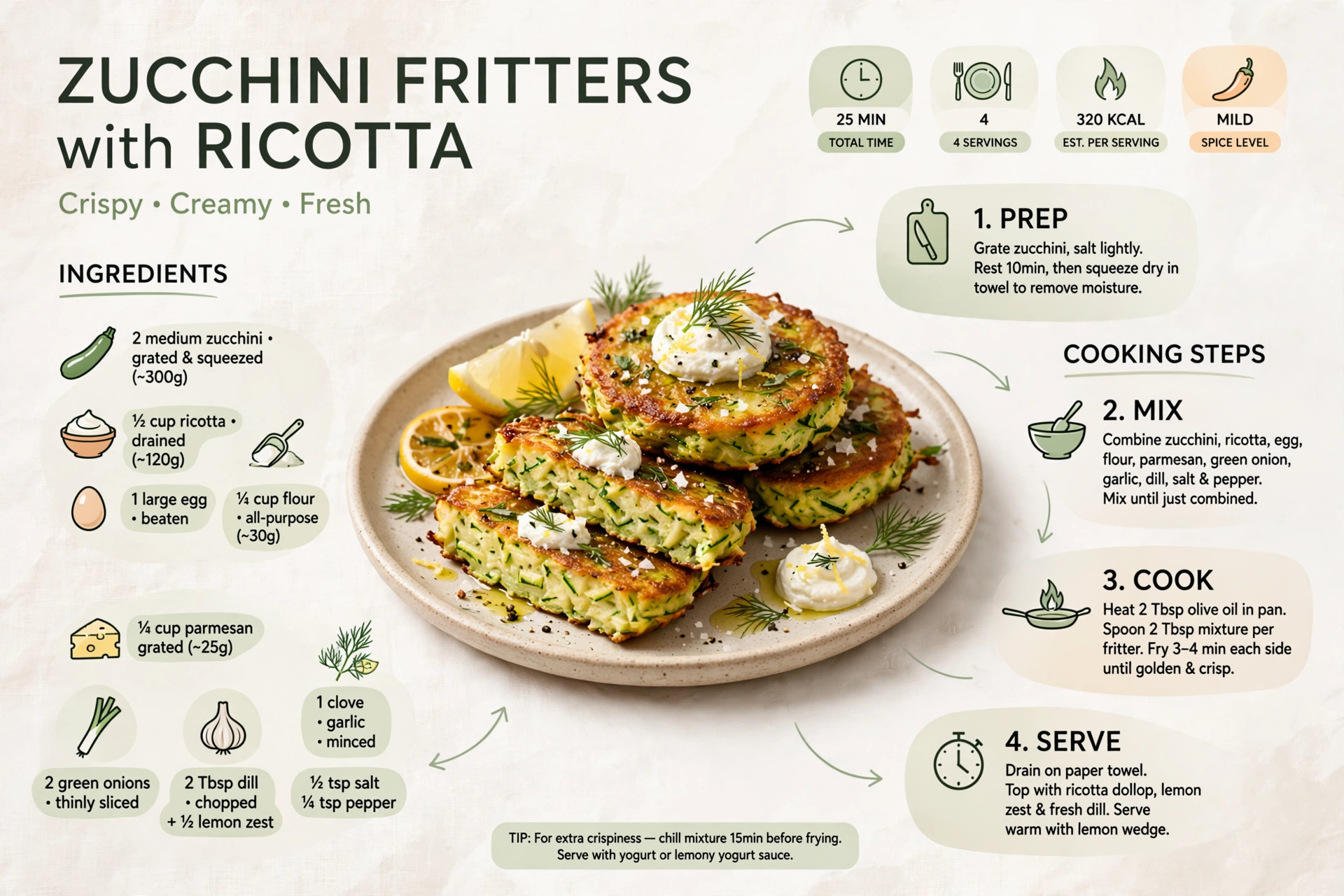 Recipe infographic: Zucchini Fritters with Ricotta — ingredients and step-by-step visual guide