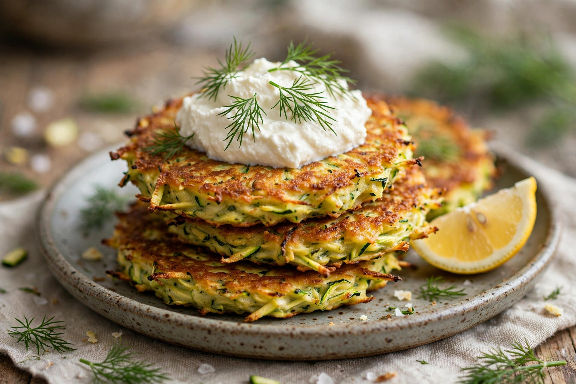 Finished zucchini fritters with ricotta, plated and ready to serve