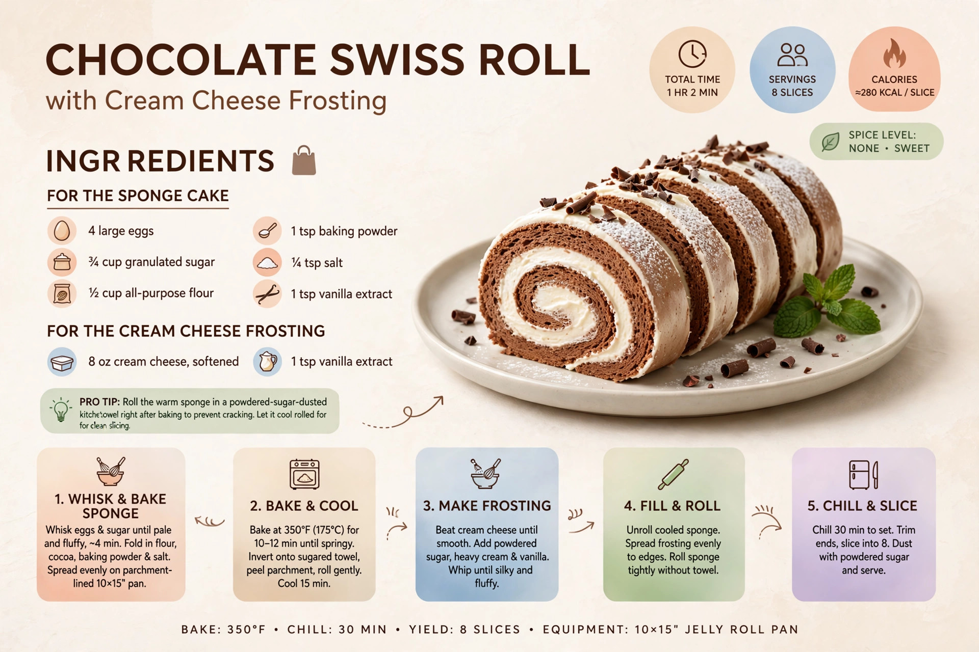Recipe infographic: Chocolate Swiss Roll with Cream Cheese Frosting — ingredients and step-by-step visual guide