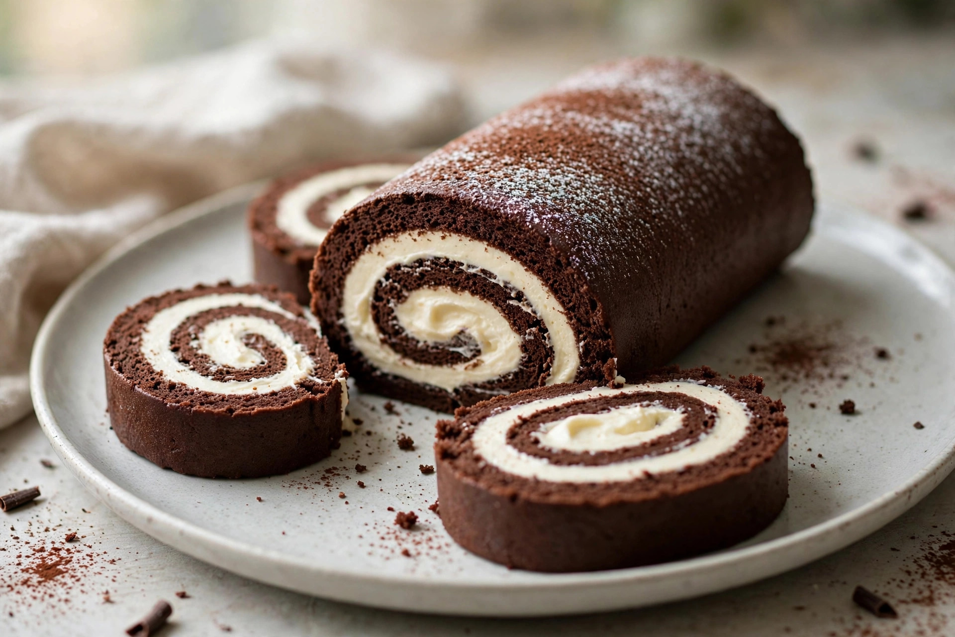 Finished chocolate Swiss roll with cream cheese frosting, plated and ready to serve