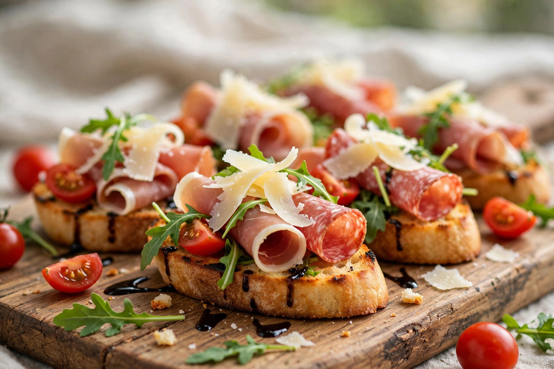 Finished Italian-style bruschetta with cold cuts and Parmesan, plated and ready to serve