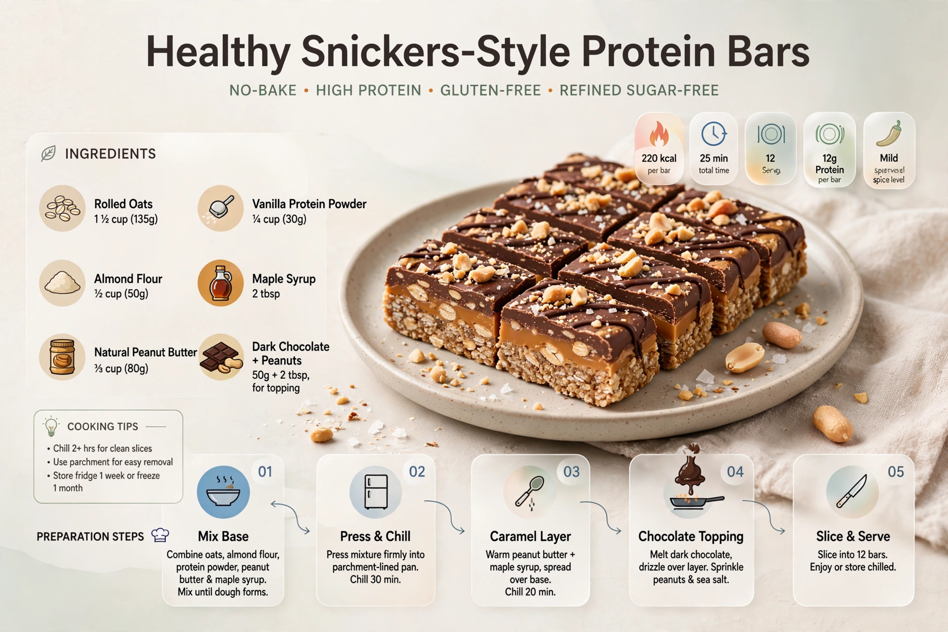 Recipe infographic: Healthy Snickers-Style Protein Bars — ingredients and step-by-step visual guide