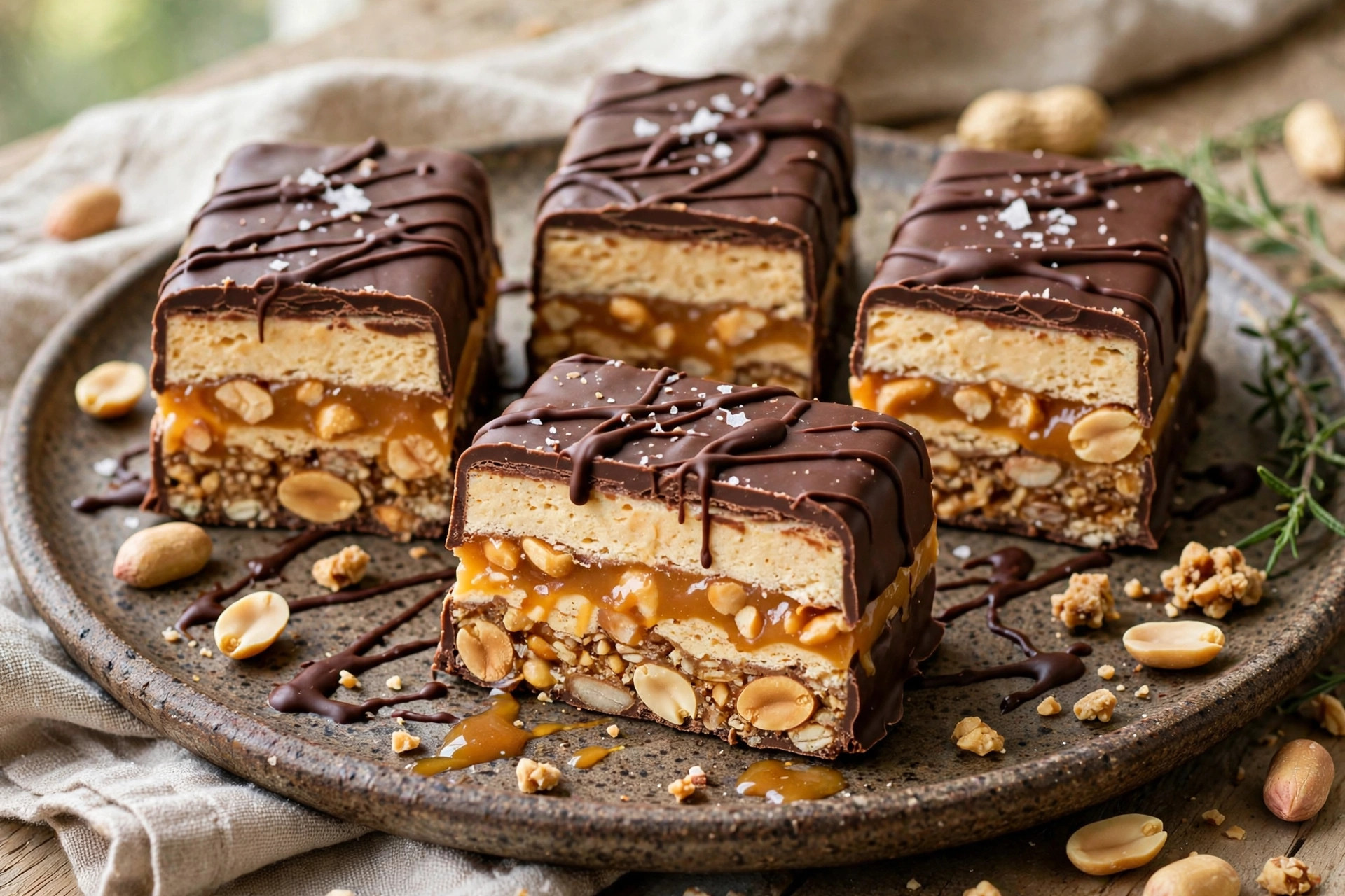 Healthy Snickers-style protein bars cut open to show the peanut filling