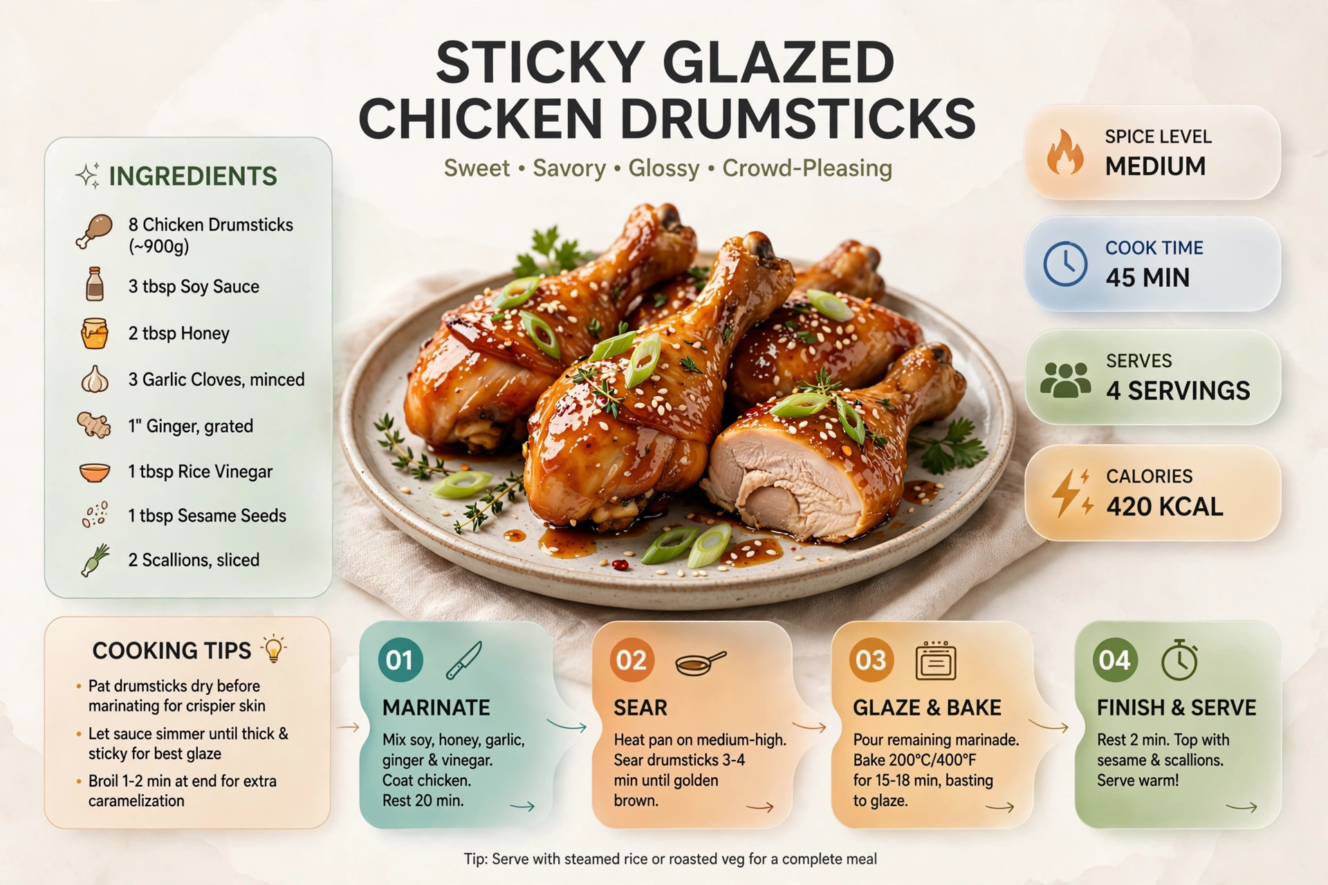 Recipe infographic: Sticky Glazed Chicken Drumsticks — ingredients and step-by-step visual guide