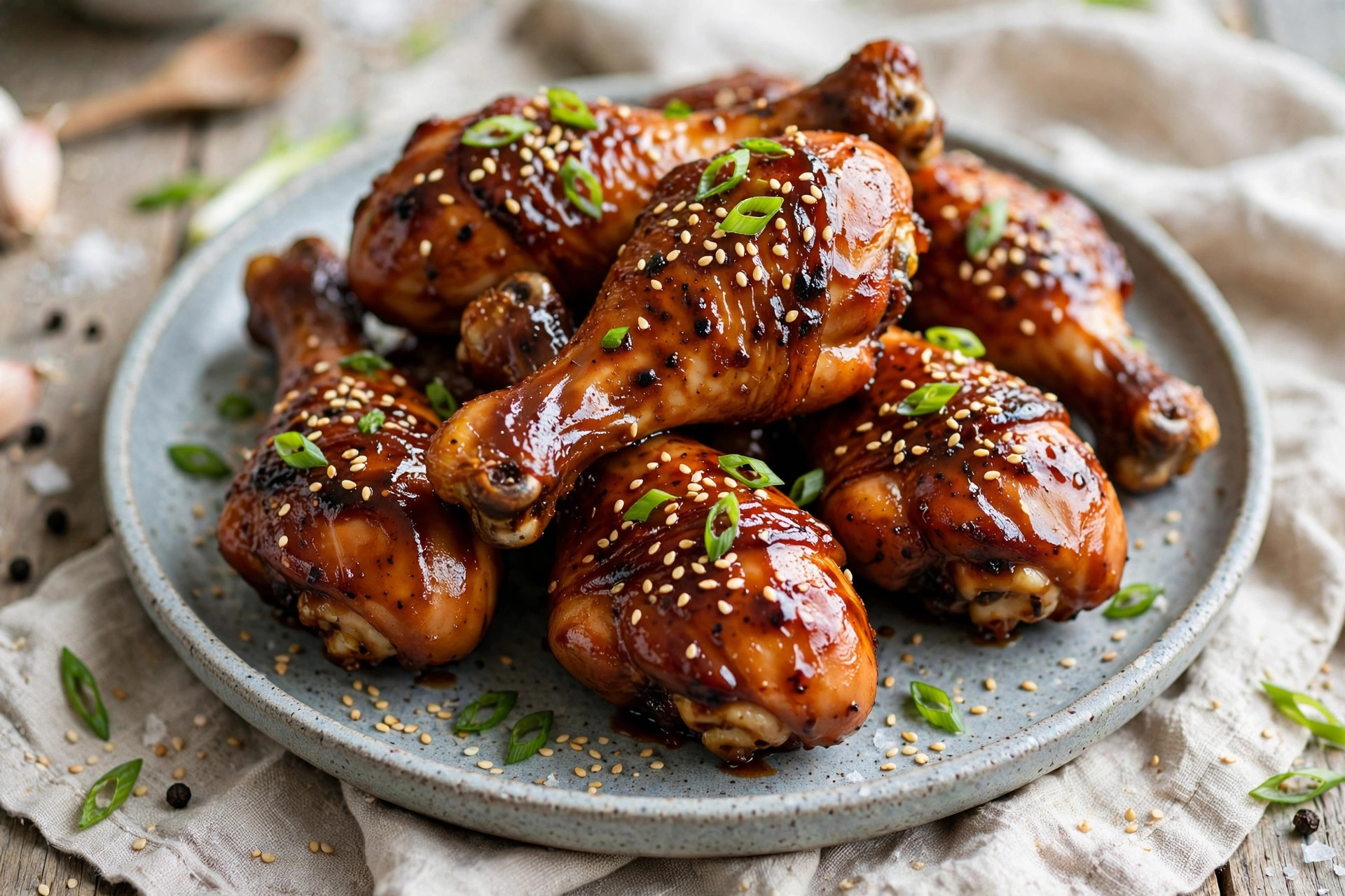 Sticky glazed chicken drumsticks arranged on a plate with a glossy BBQ glaze