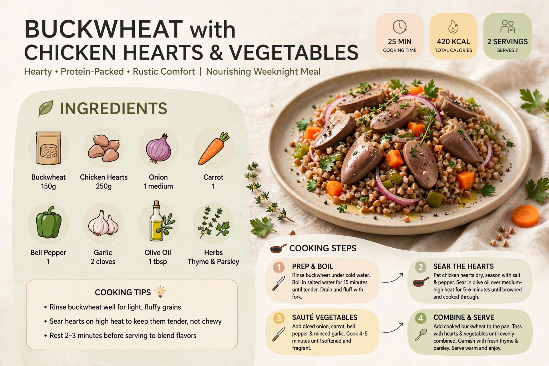 Recipe infographic: Buckwheat with Chicken Hearts and Vegetables — ingredients and step-by-step visual guide