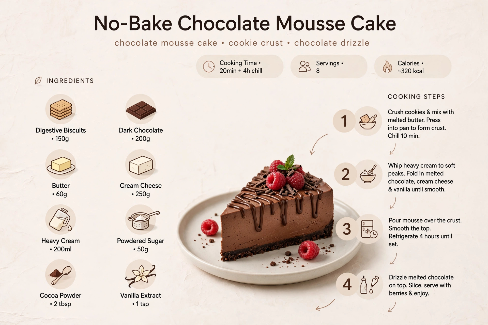 Recipe infographic: No-Bake Chocolate Mousse Cake — ingredients and step-by-step visual guide