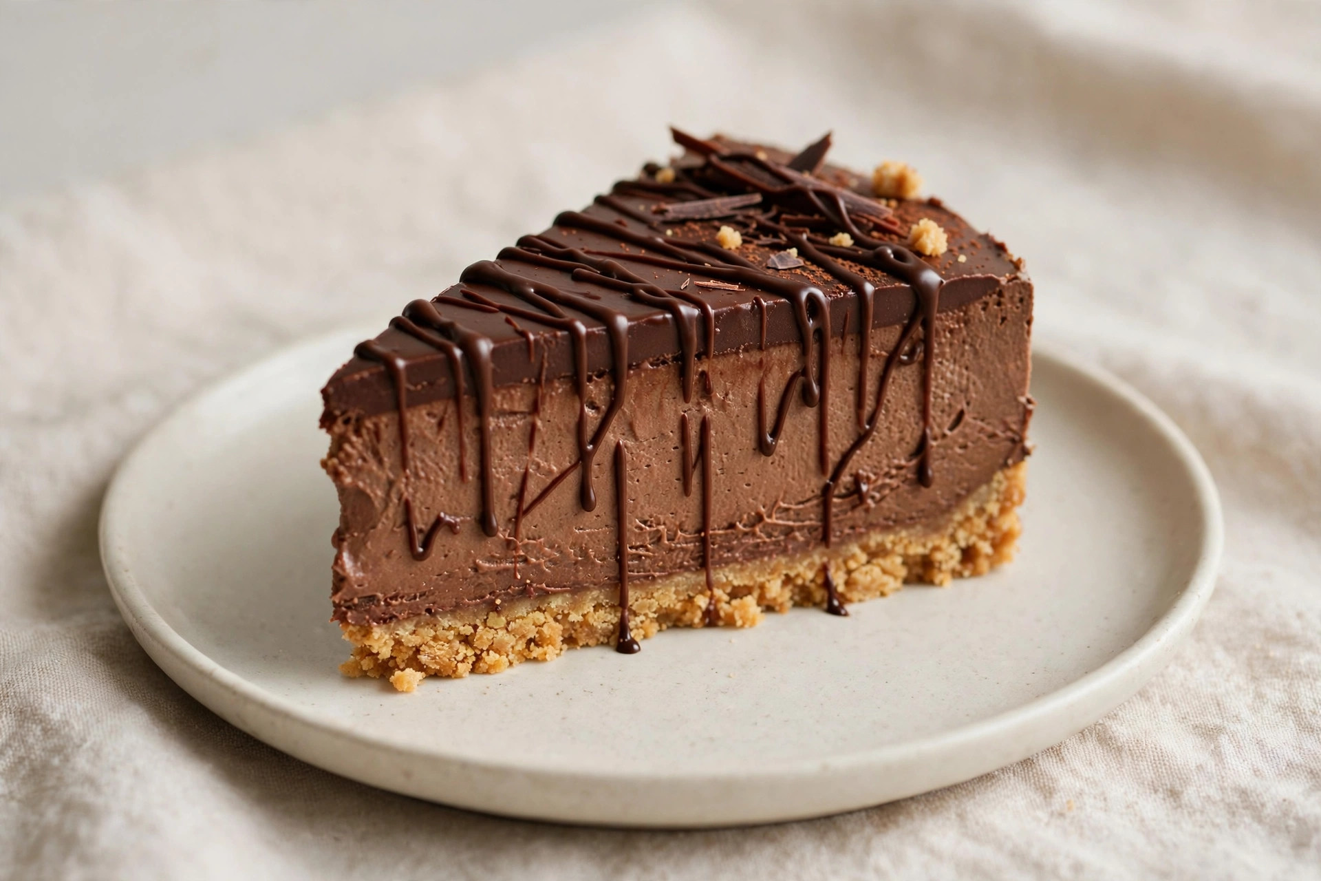 Slice of no-bake chocolate mousse cake with a piped chocolate decoration