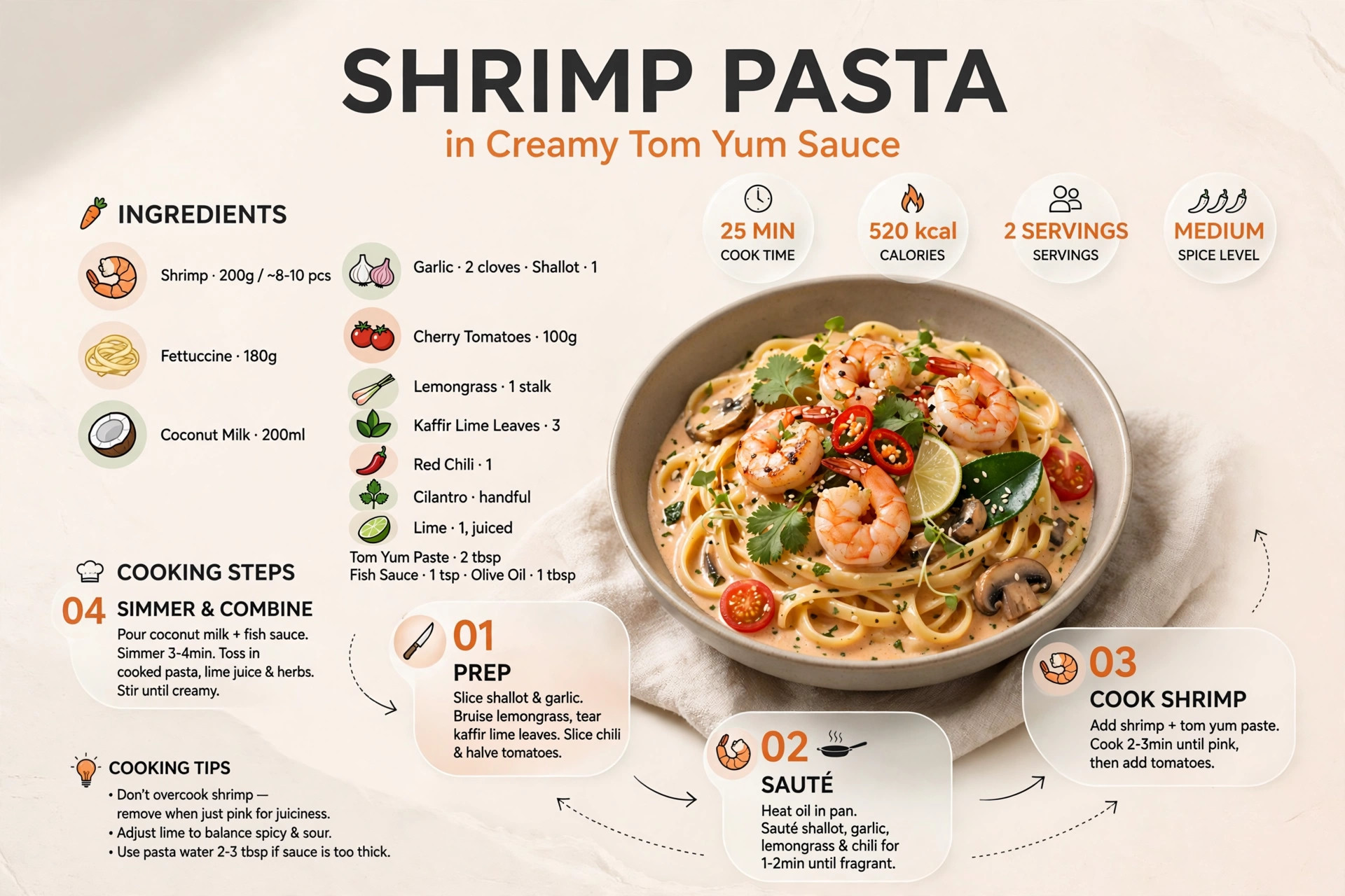 Recipe infographic: Shrimp Pasta in Creamy Tom Yum Sauce — ingredients and step-by-step visual guide