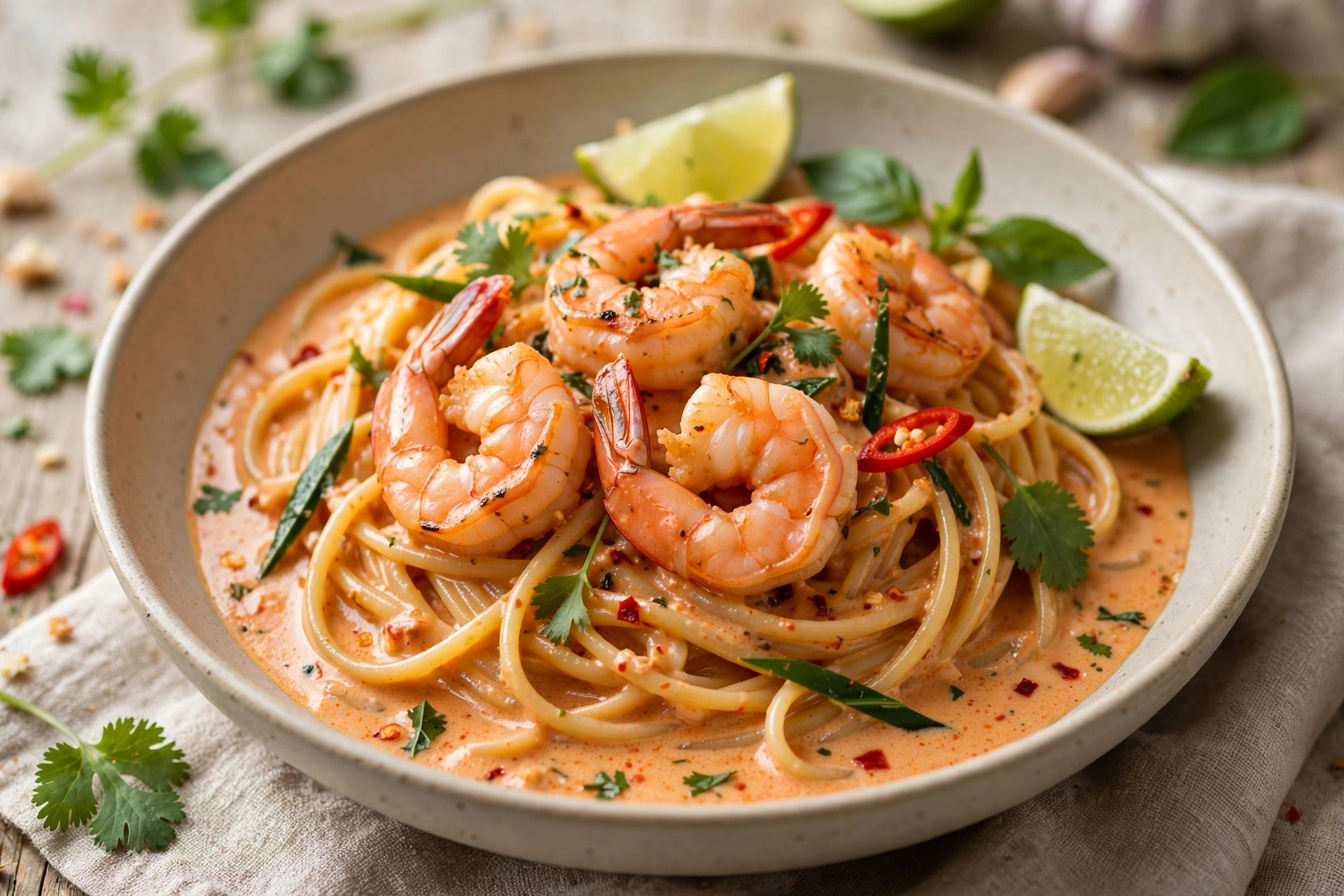 Shrimp pasta in creamy Tom Yum sauce topped with grated cheese in a skillet