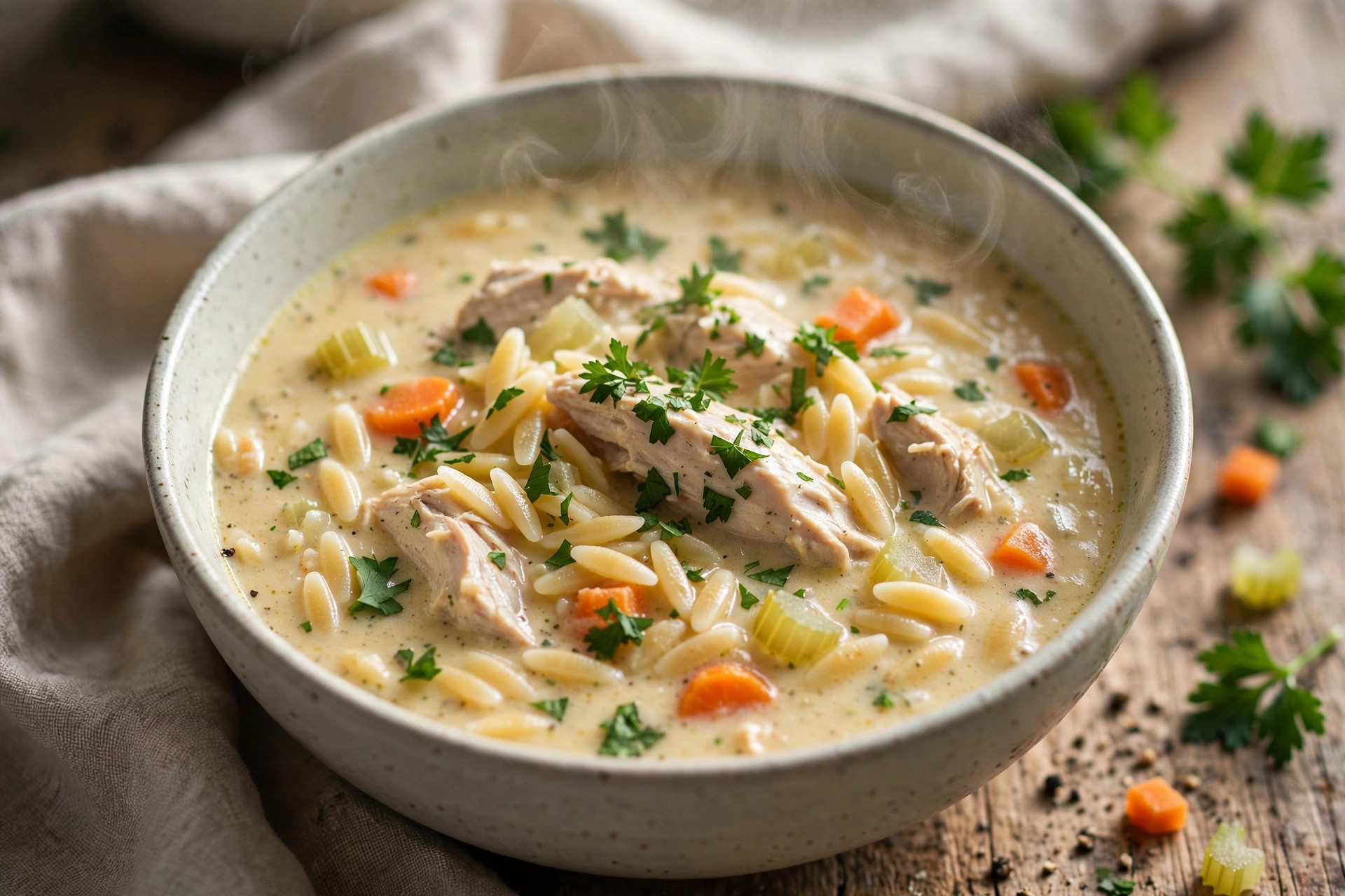 Creamy chicken soup with orzo and fresh herbs served in a bowl
