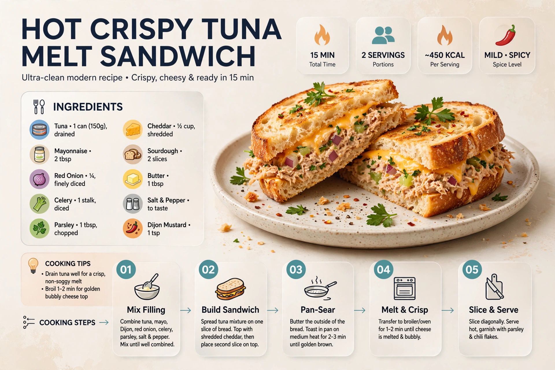 Recipe infographic: Hot Crispy Tuna Melt Sandwich — ingredients and step-by-step visual guide