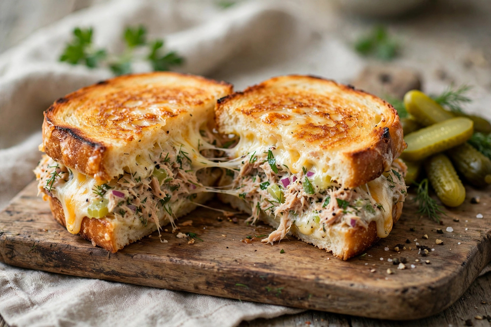 Hot crispy tuna melt sandwich cut in half showing melted cheese and tuna filling