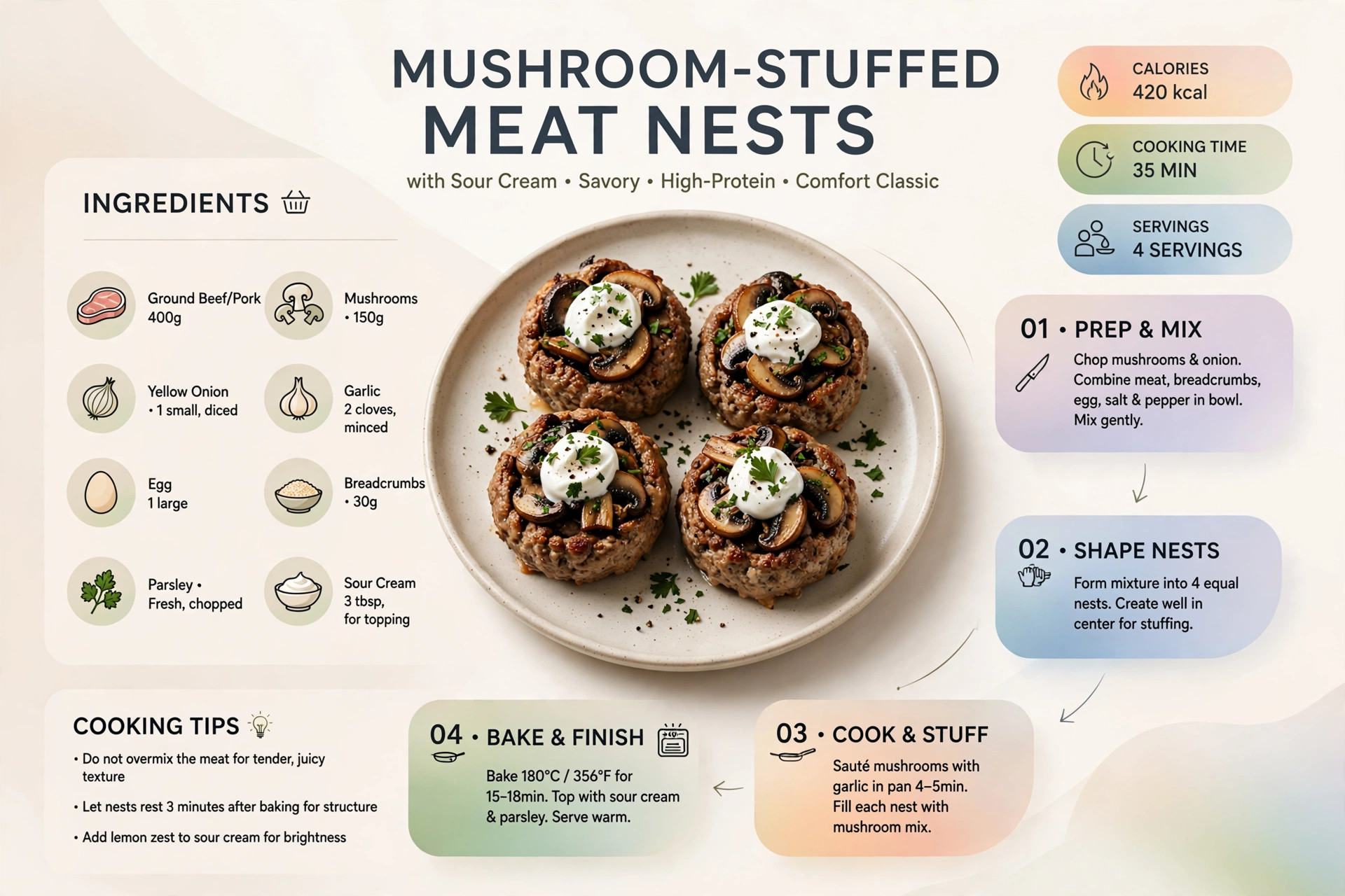 Recipe infographic: Mushroom-Stuffed Meat Nests with Sour Cream — ingredients and step-by-step visual guide
