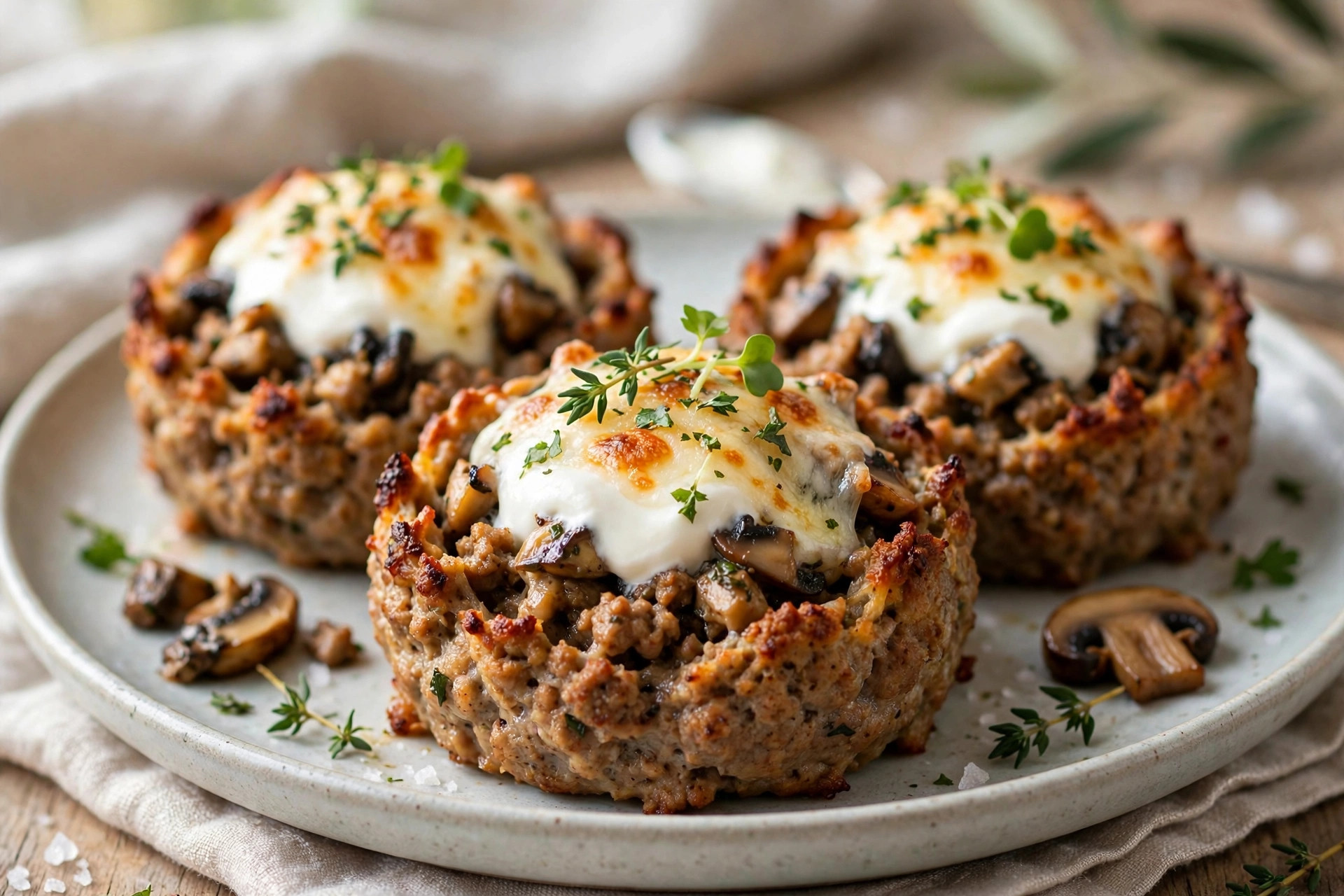 Mushroom-stuffed meat nests filled with golden mushrooms, sour cream and melted cheese