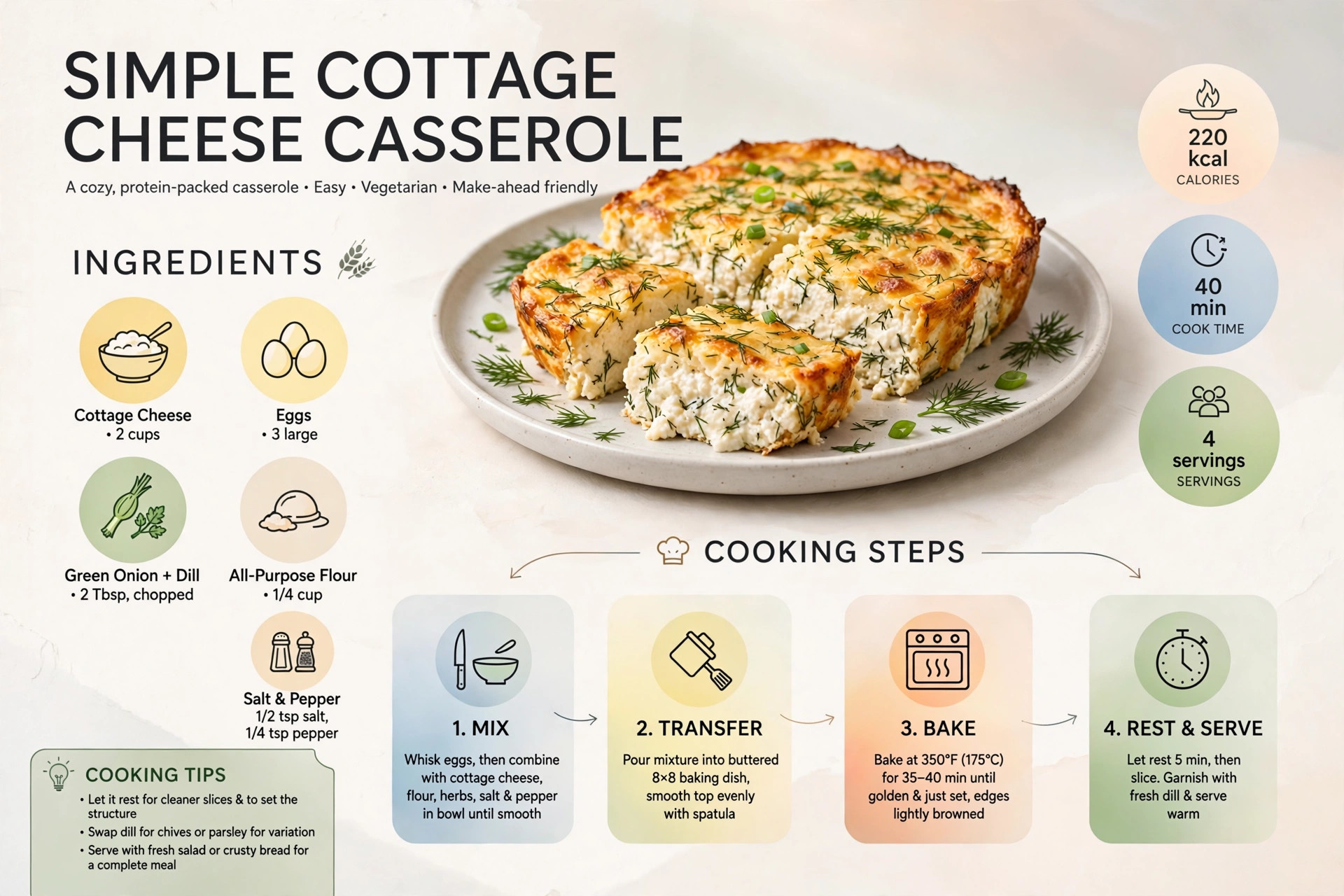 Recipe infographic: Simple Cottage Cheese Casserole — ingredients and step-by-step visual guide