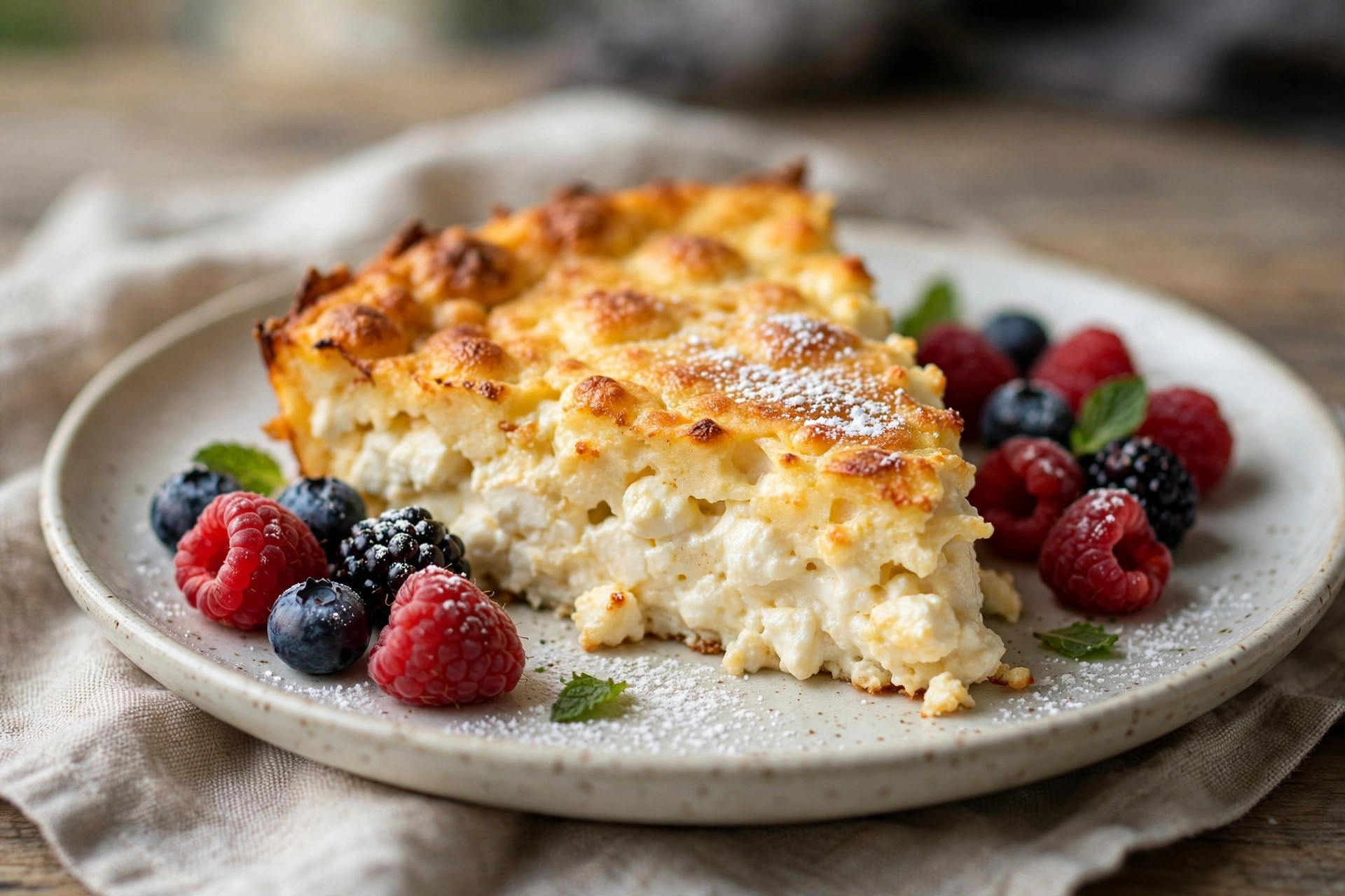 Golden-baked cottage cheese casserole slice served on a plate