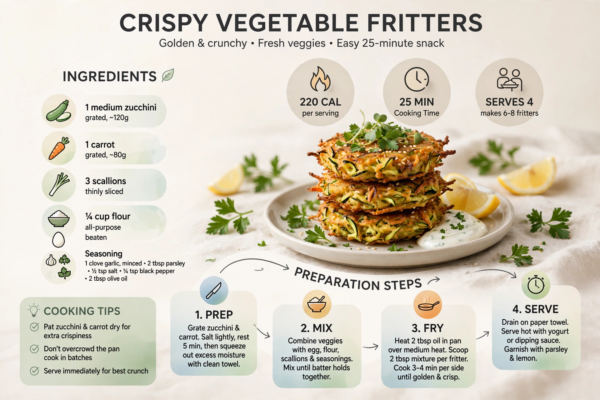 Recipe infographic: Crispy Vegetable Fritters — ingredients and step-by-step visual guide