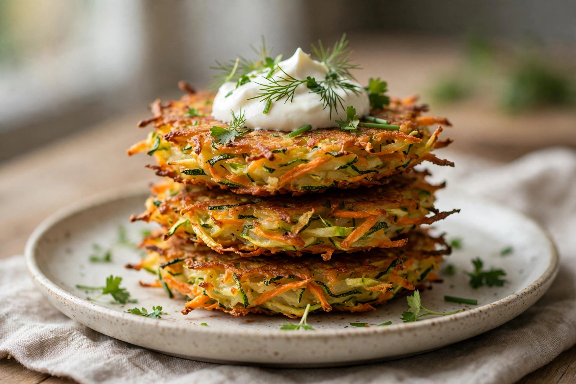 Stack of golden crispy vegetable fritters served on a plate