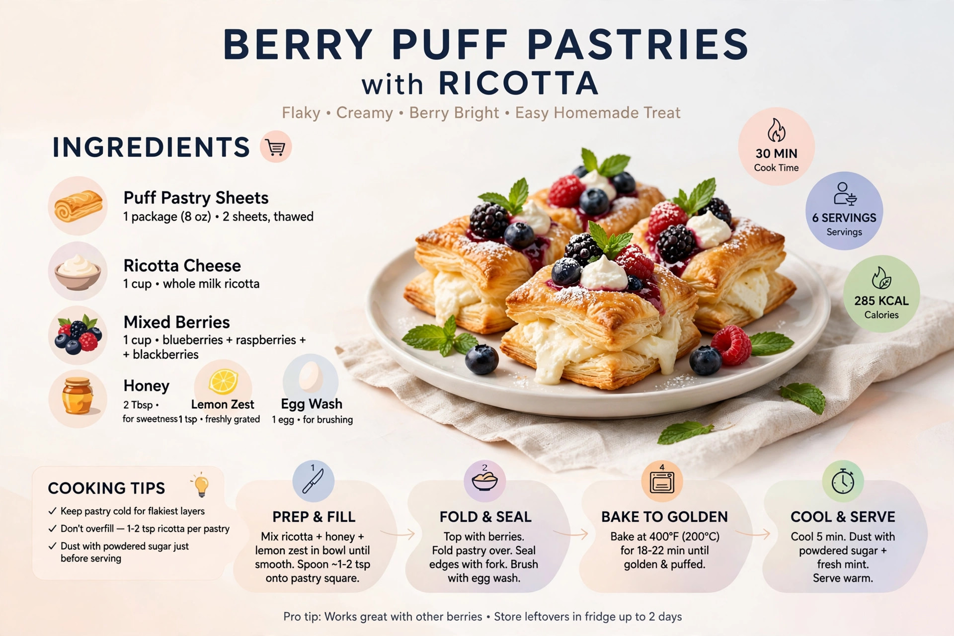 Recipe infographic: Berry Puff Pastries with Ricotta — ingredients and step-by-step visual guide