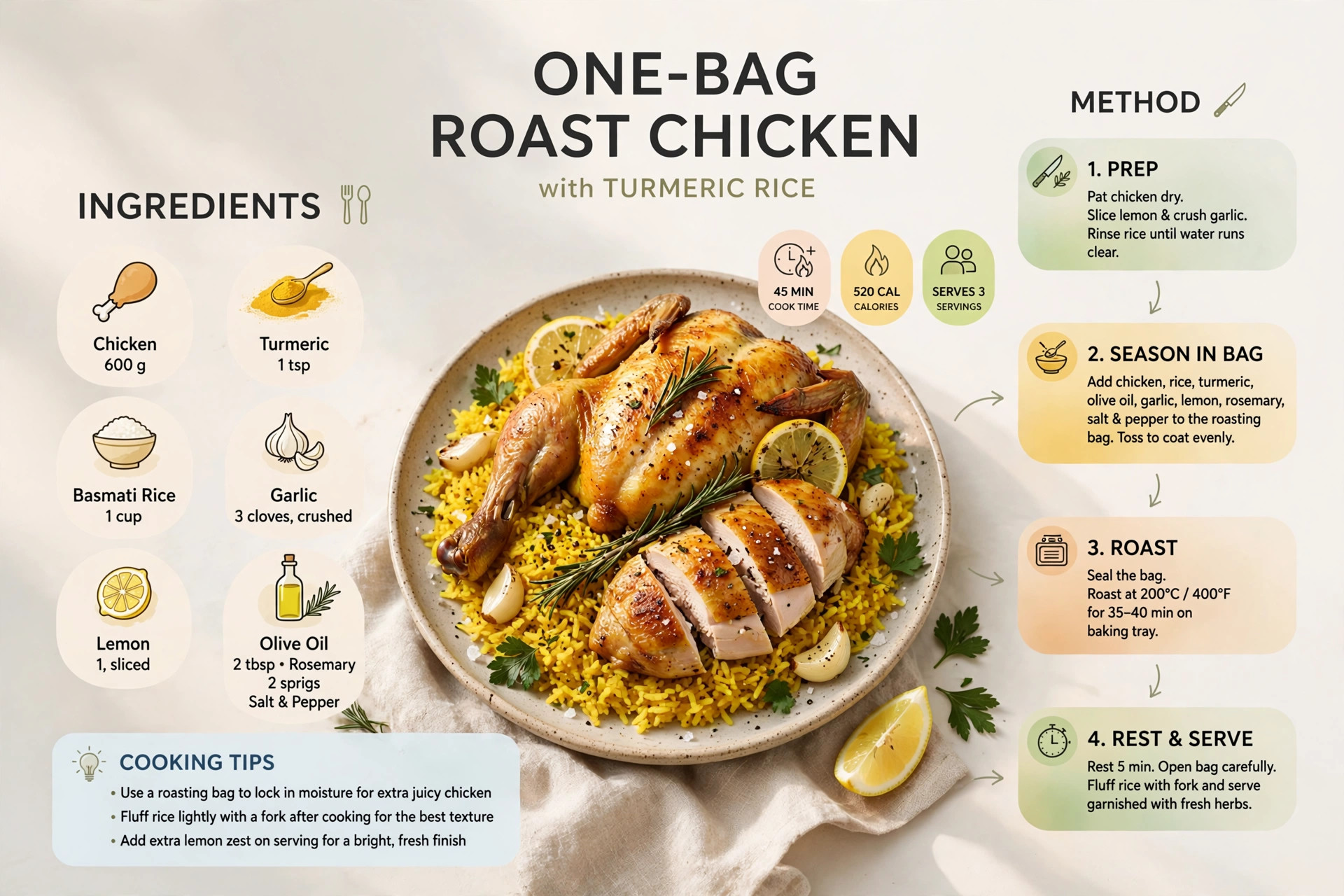Recipe infographic: One-Bag Roast Chicken with Turmeric Rice — ingredients and step-by-step visual guide