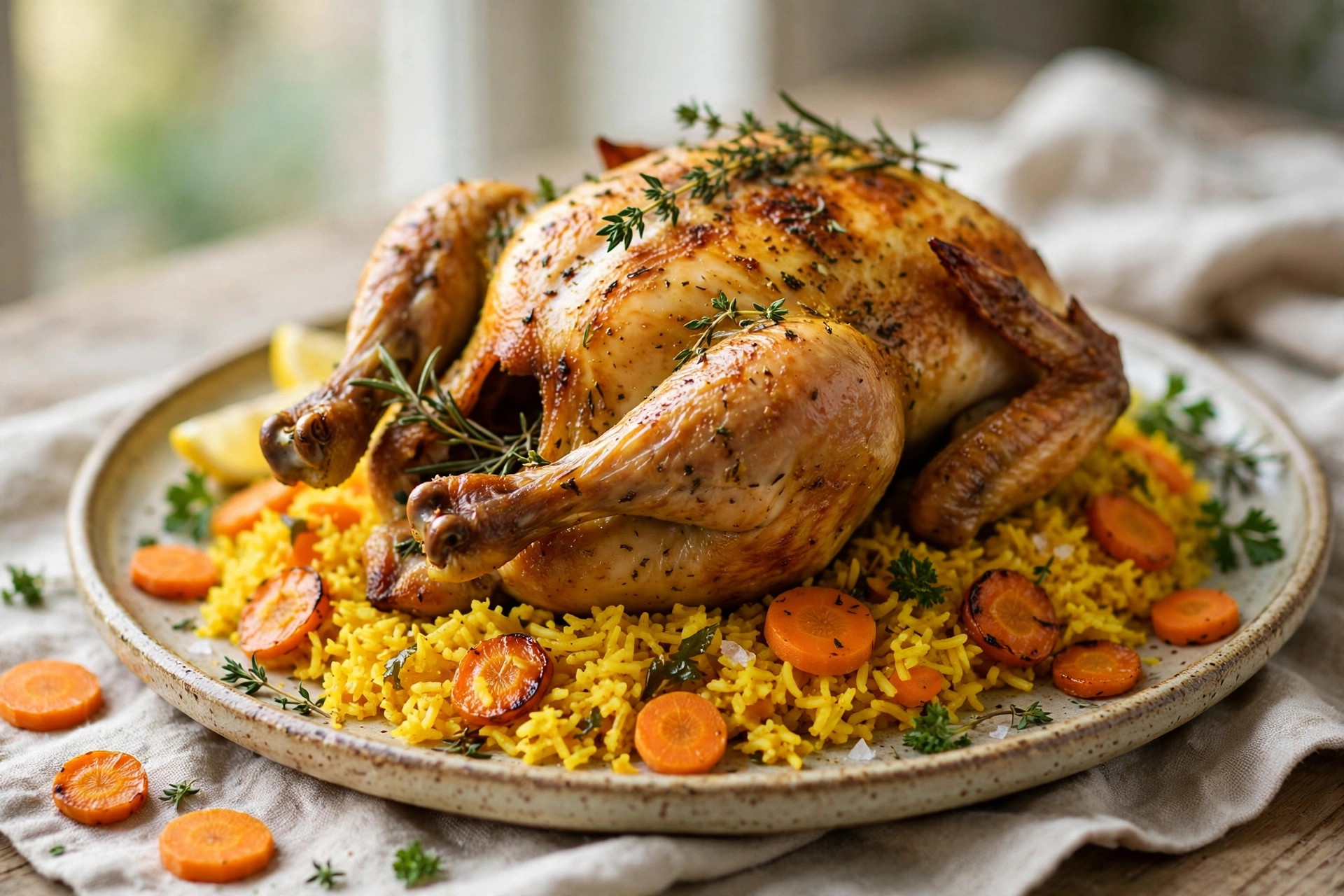 Golden roast chicken on turmeric rice served from the roasting bag