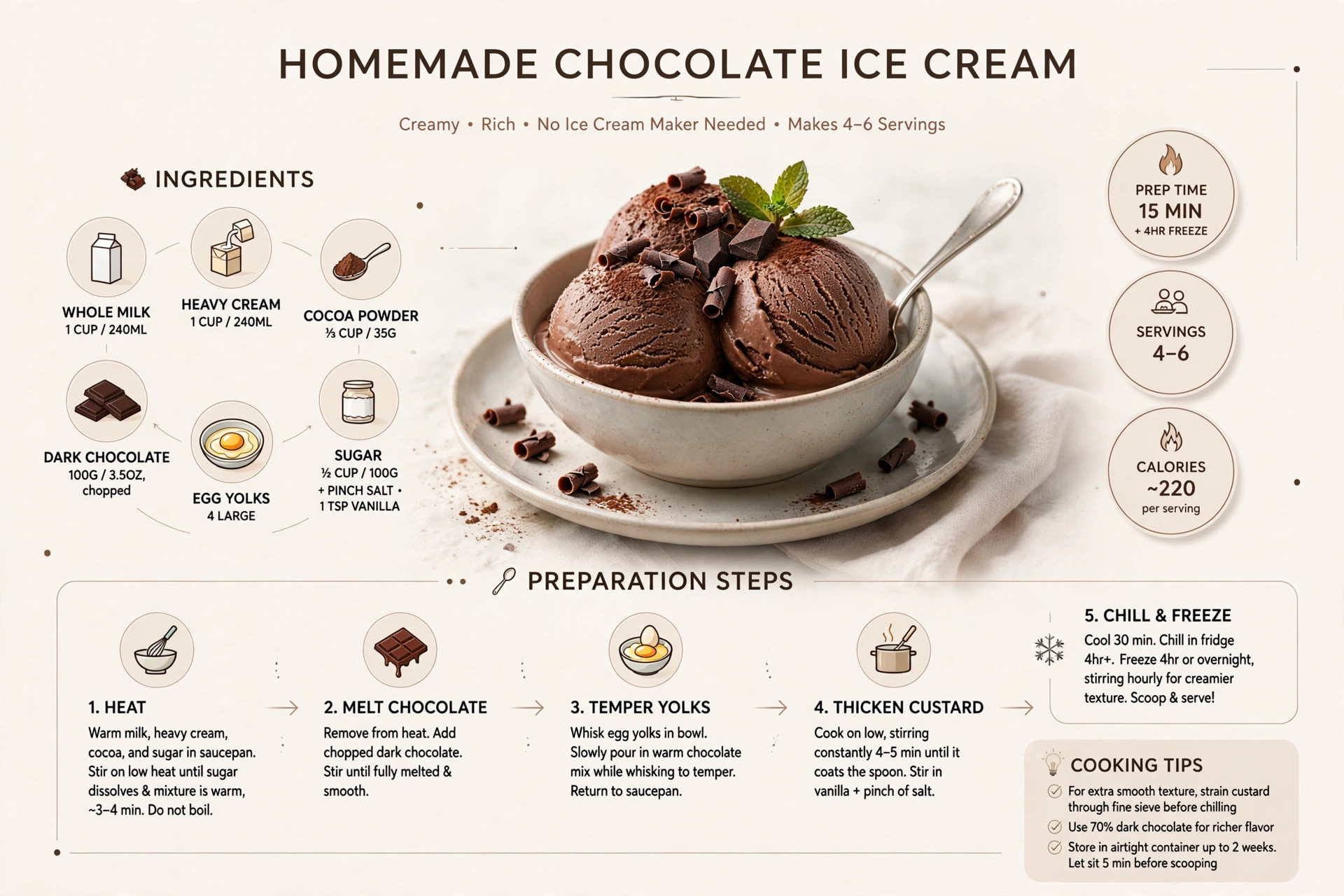 Recipe infographic: Homemade Chocolate Ice Cream — ingredients and step-by-step visual guide