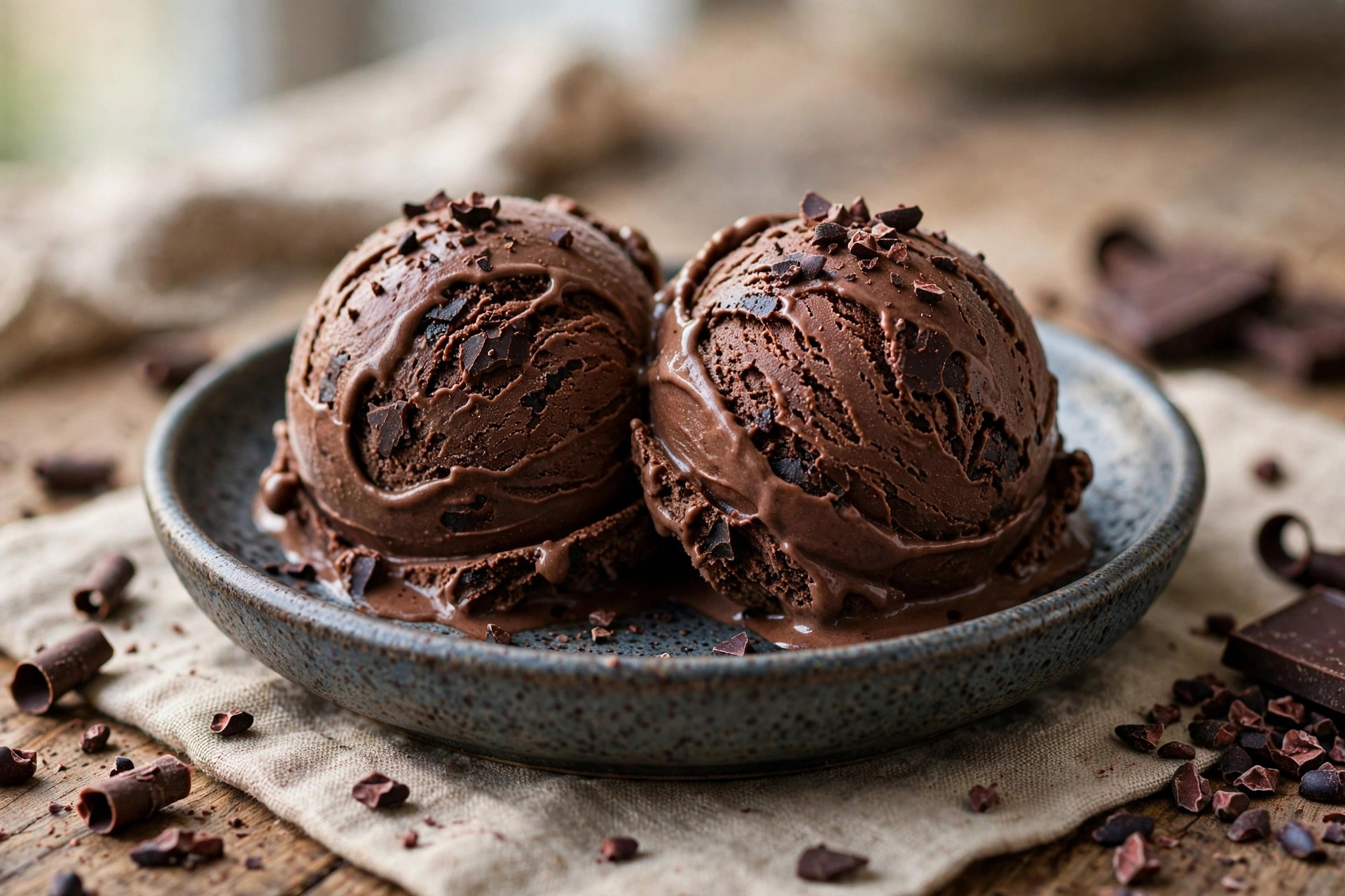 Creamy scoops of homemade no-churn chocolate ice cream served in a glass bowl