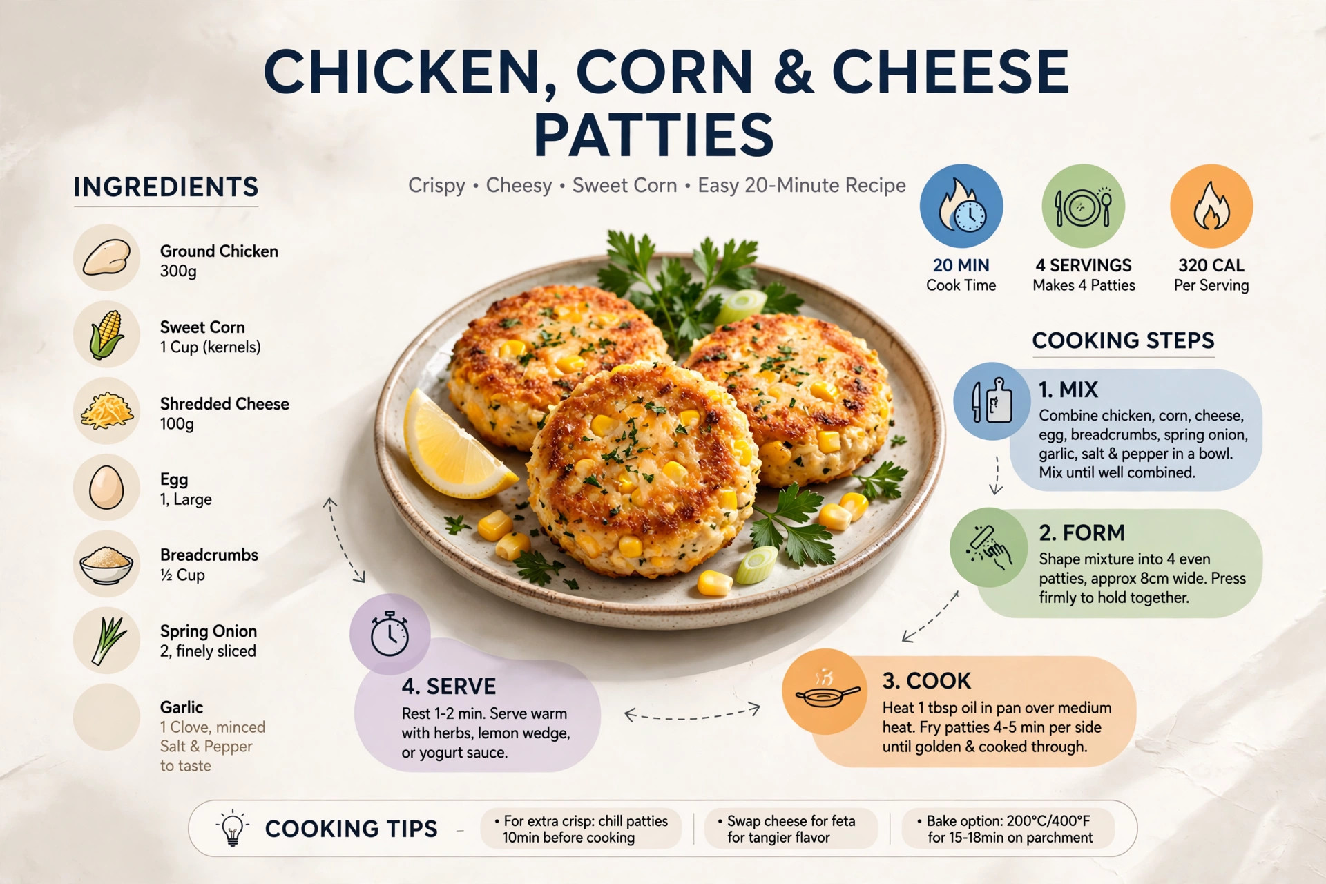 Recipe infographic: Chicken, Corn, and Cheese Patties — ingredients and step-by-step visual guide
