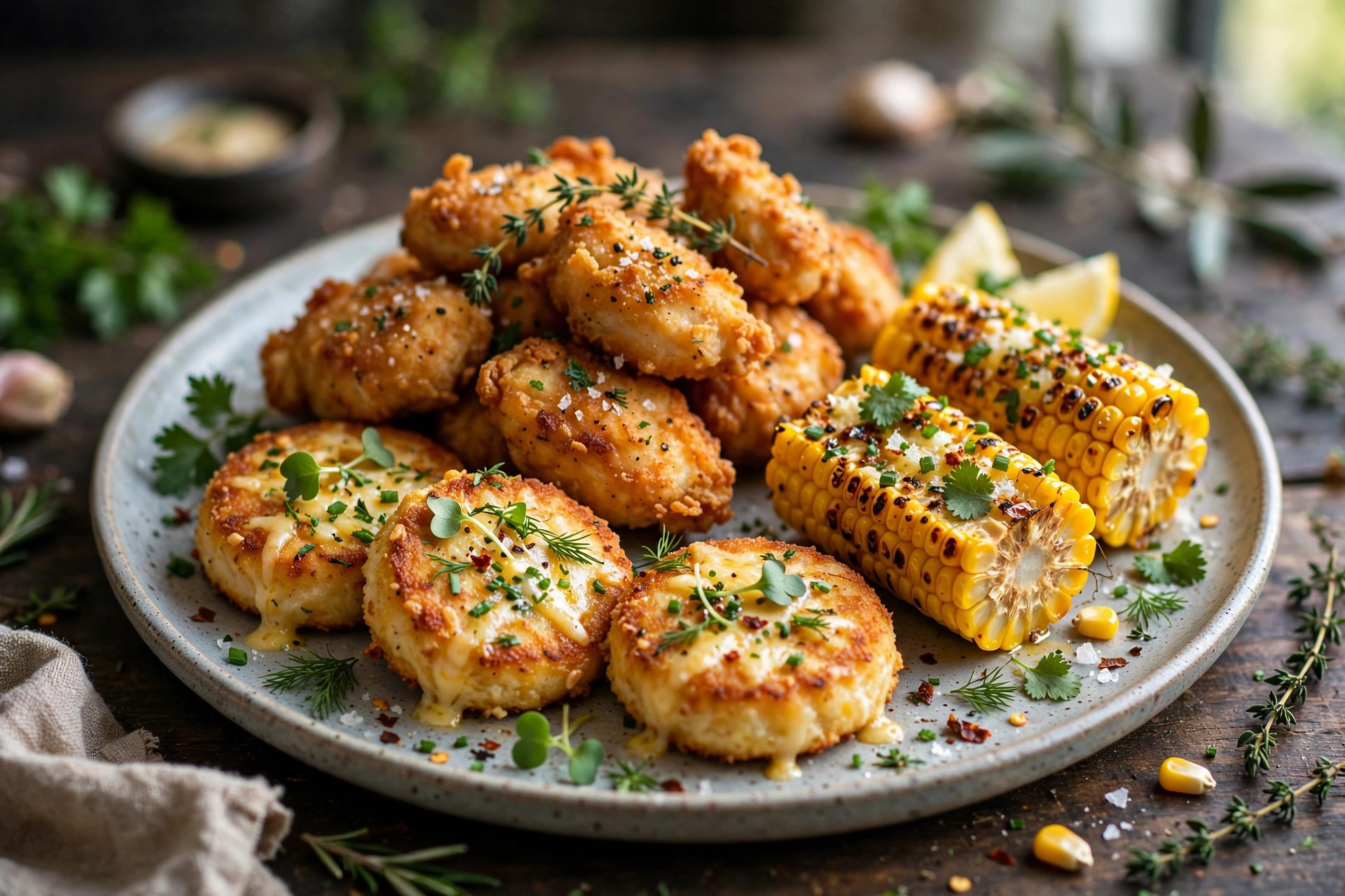 Golden chicken, corn and cheese patties stacked on a plate with dipping sauce