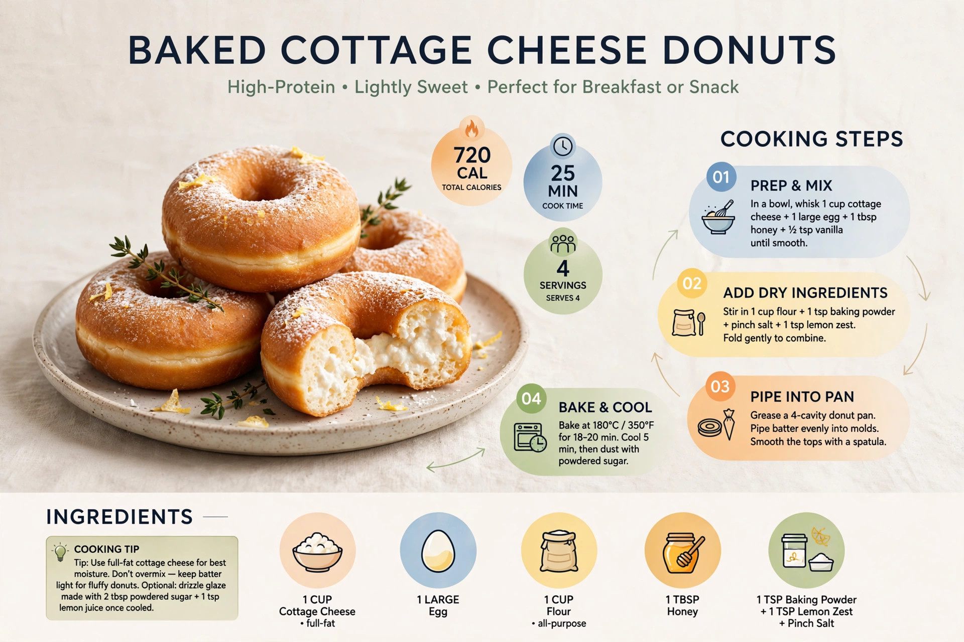 Recipe infographic: Baked Cottage Cheese Donuts — ingredients and step-by-step visual guide
