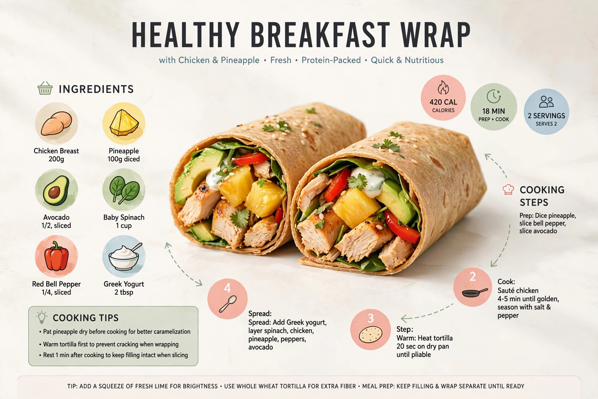 Recipe infographic: Healthy Breakfast Wrap with Chicken and Pineapple — ingredients and step-by-step visual guide
