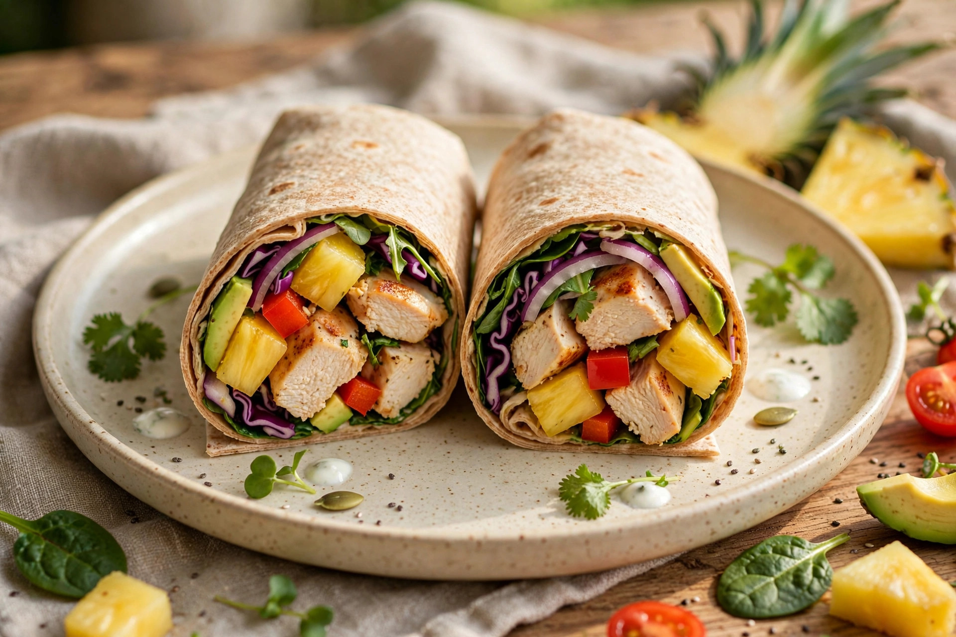 Chicken and pineapple breakfast wrap cut in half showing the colorful filling