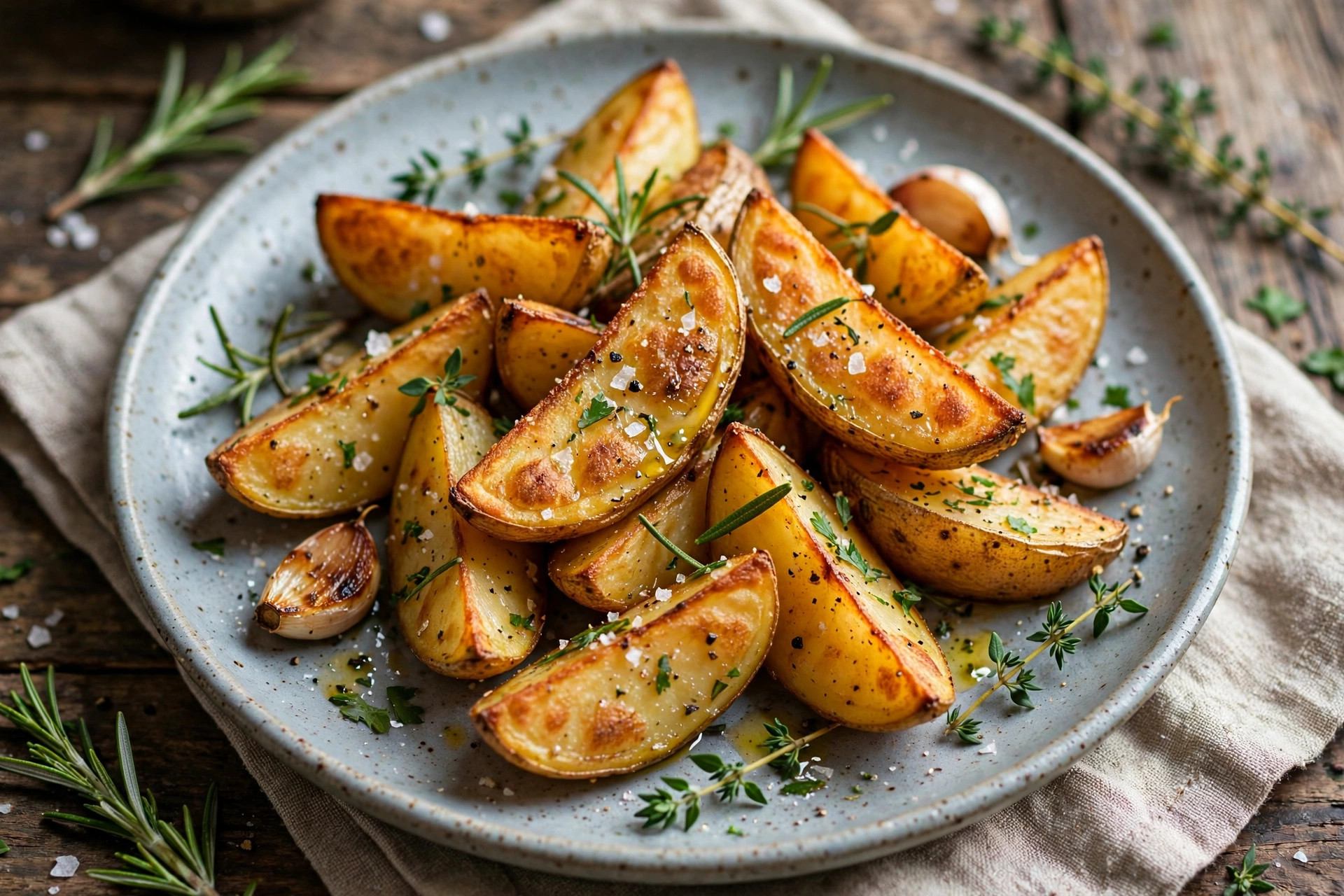Golden crispy country-style roasted potato wedges with herbs on a baking tray