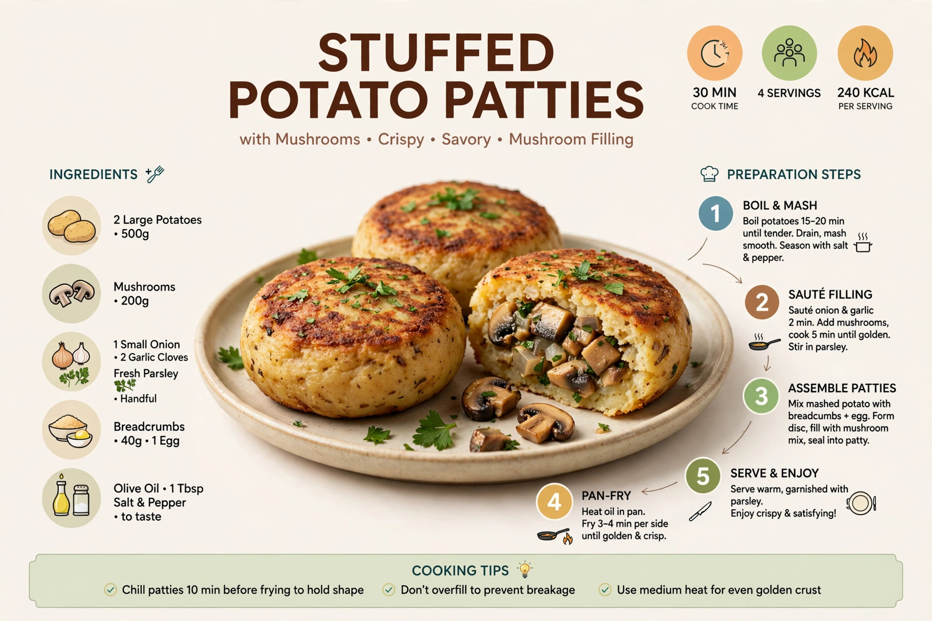 Recipe infographic: Stuffed Potato Patties with Mushrooms — ingredients and step-by-step visual guide