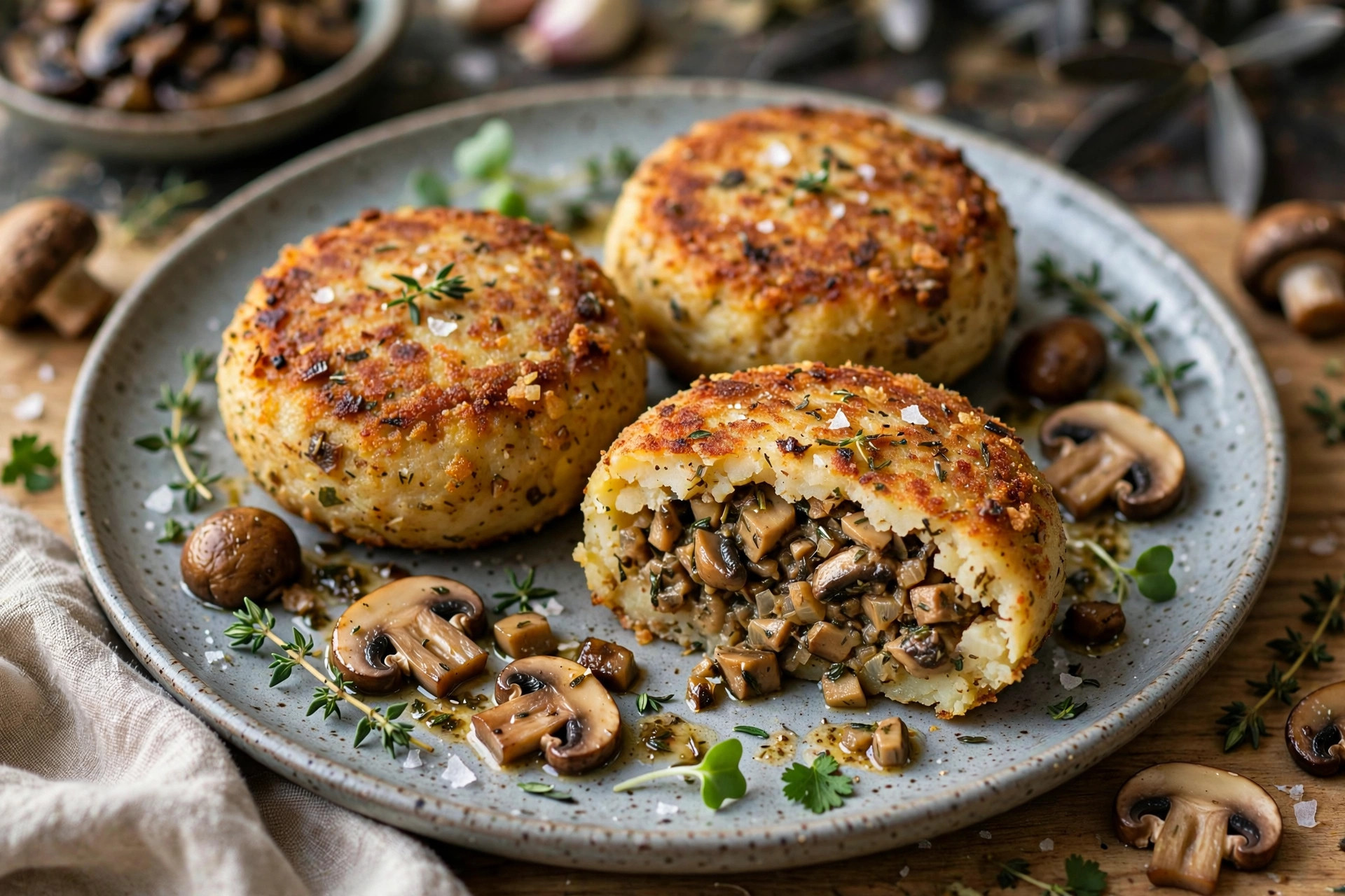 Golden stuffed potato patties with mushroom filling, one cut open to show the savory center