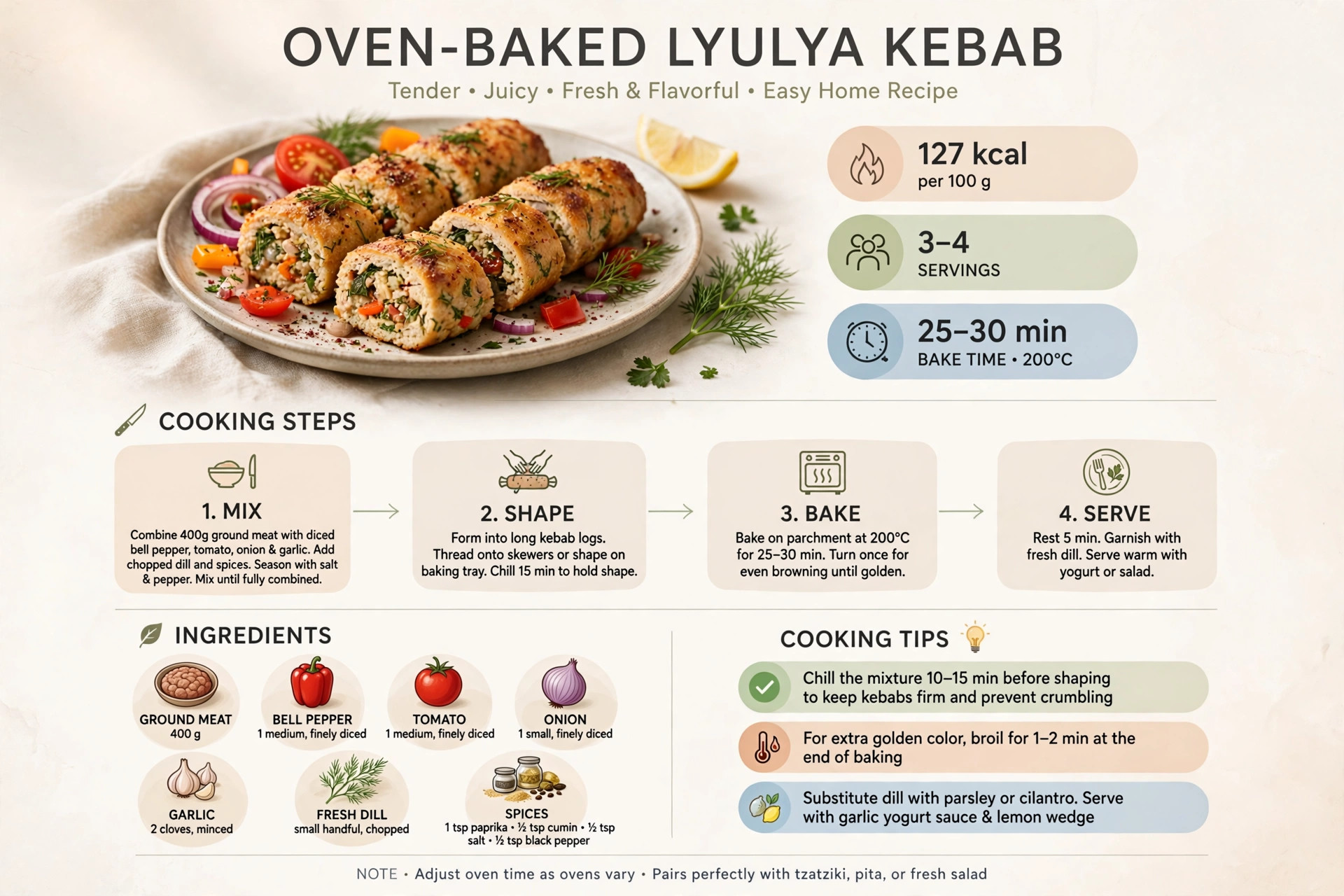 Recipe infographic: Oven-Baked Lyulya Kebab — ingredients and step-by-step visual guide