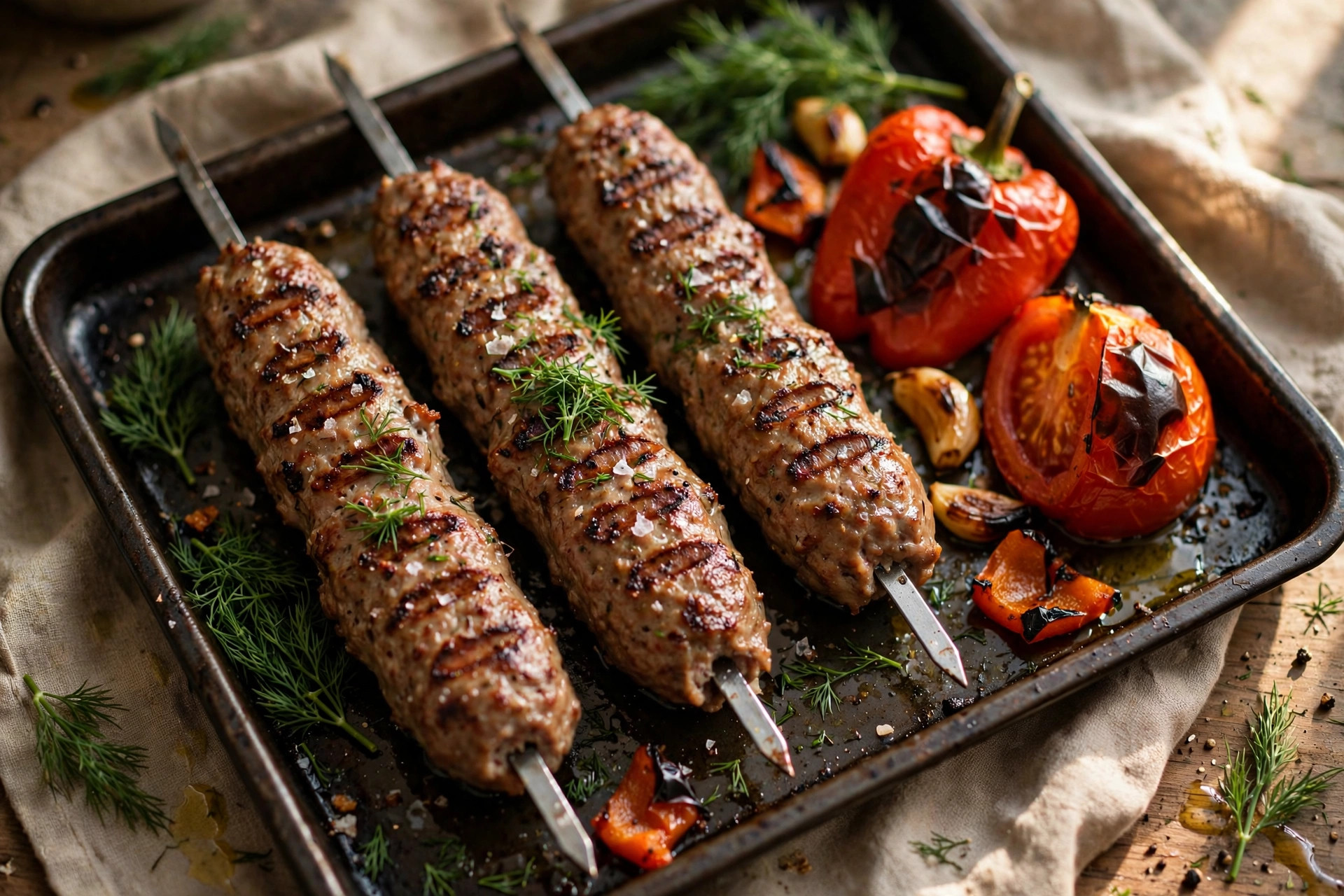 Oven-baked lyulya kebabs arranged on a plate, golden brown and juicy