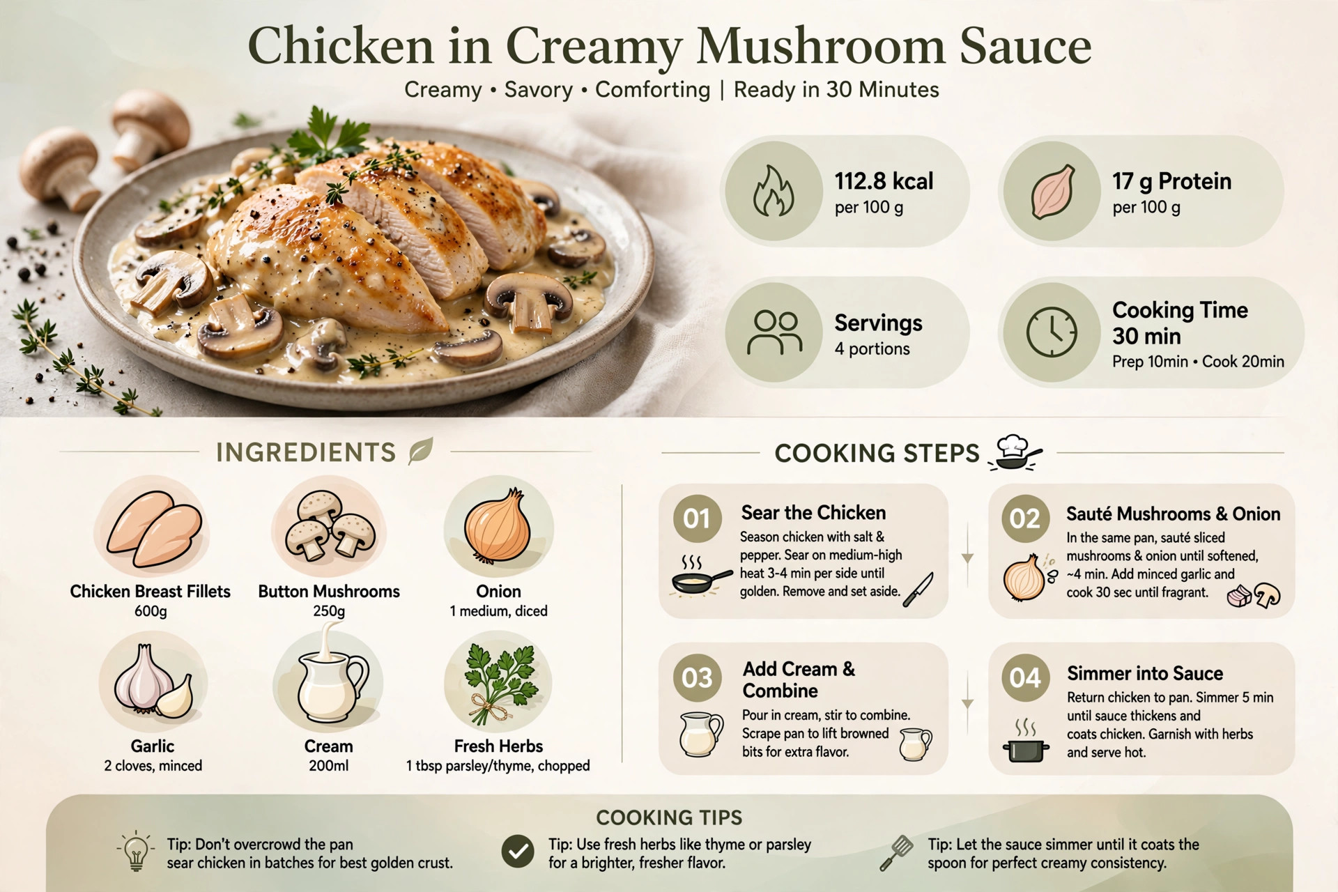Recipe infographic: Chicken in Creamy Mushroom Sauce — ingredients and step-by-step visual guide