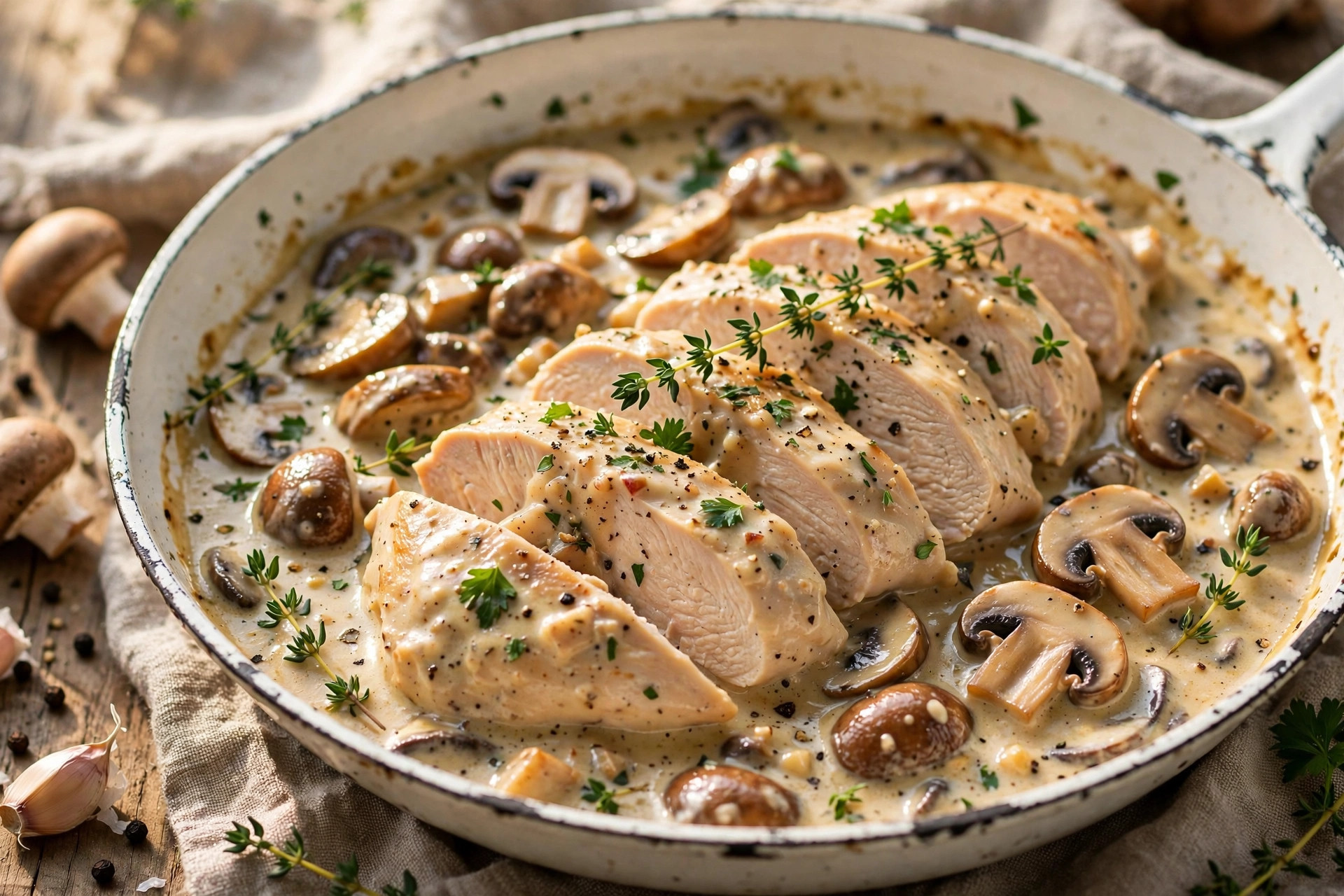 Sliced chicken breast in creamy mushroom sauce with melted cheese in a skillet