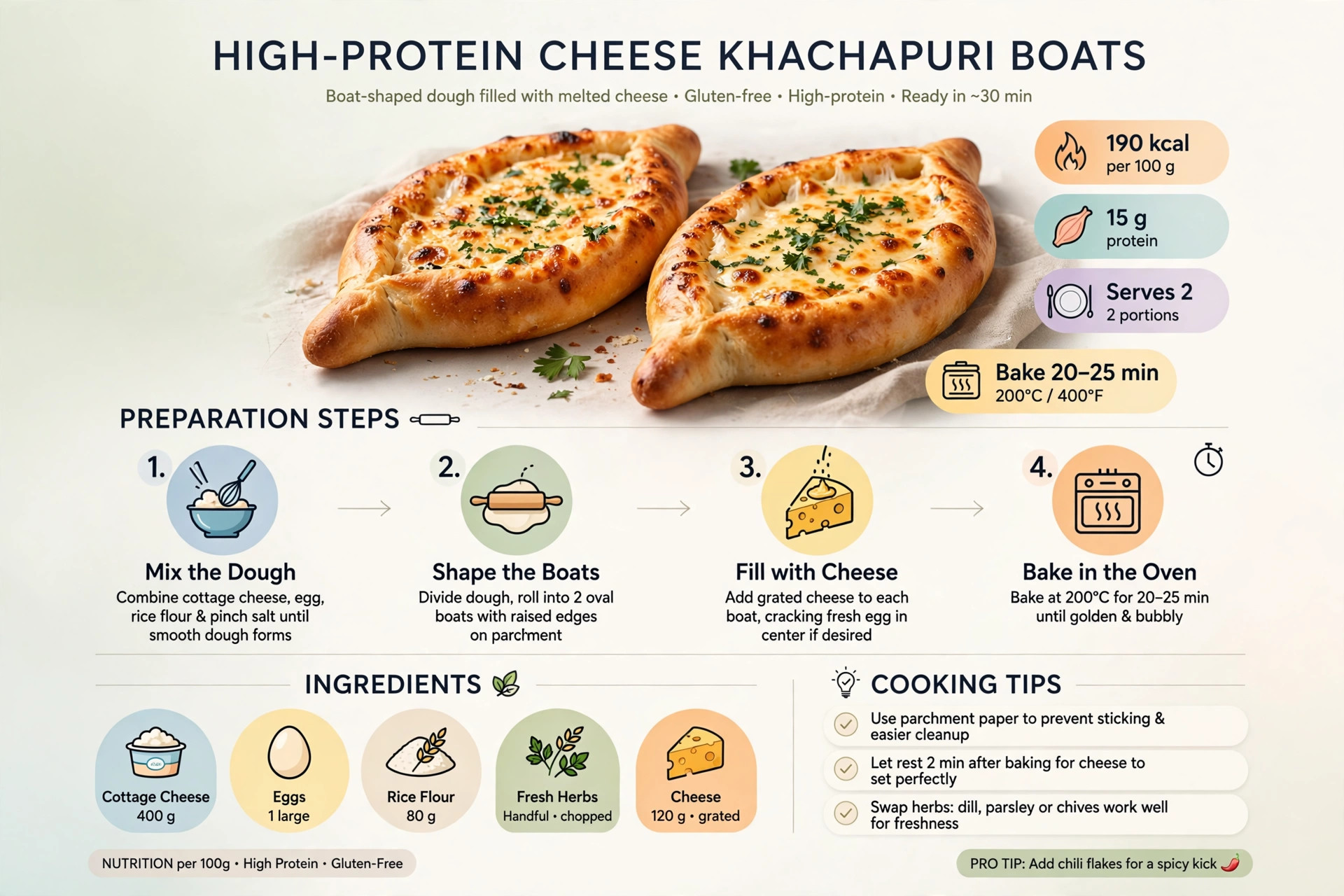 Recipe infographic: High-Protein Cheese Khachapuri Boats — ingredients and step-by-step visual guide