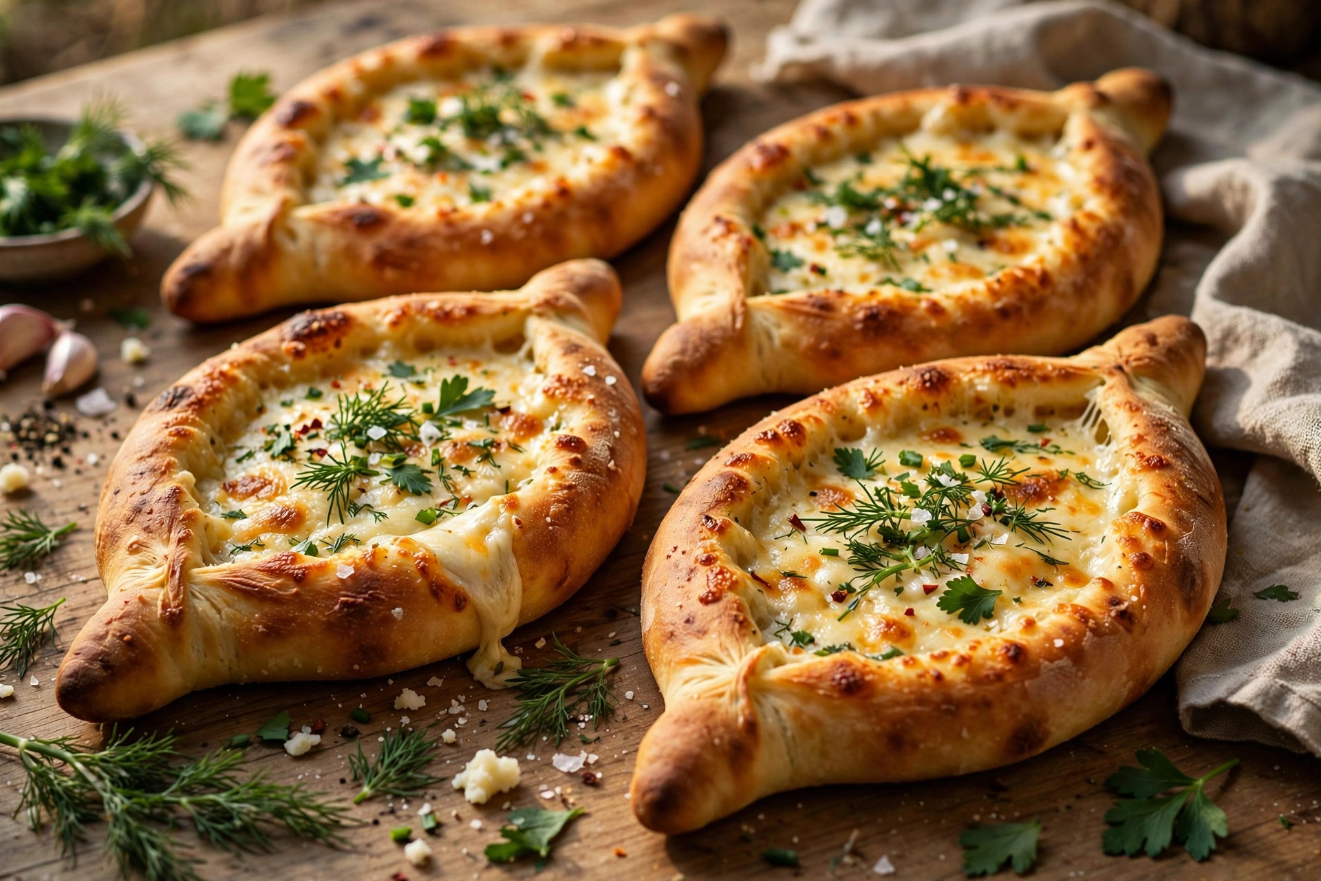 Two cheese khachapuri boats with runny egg yolks and melted cheese, fresh from the oven