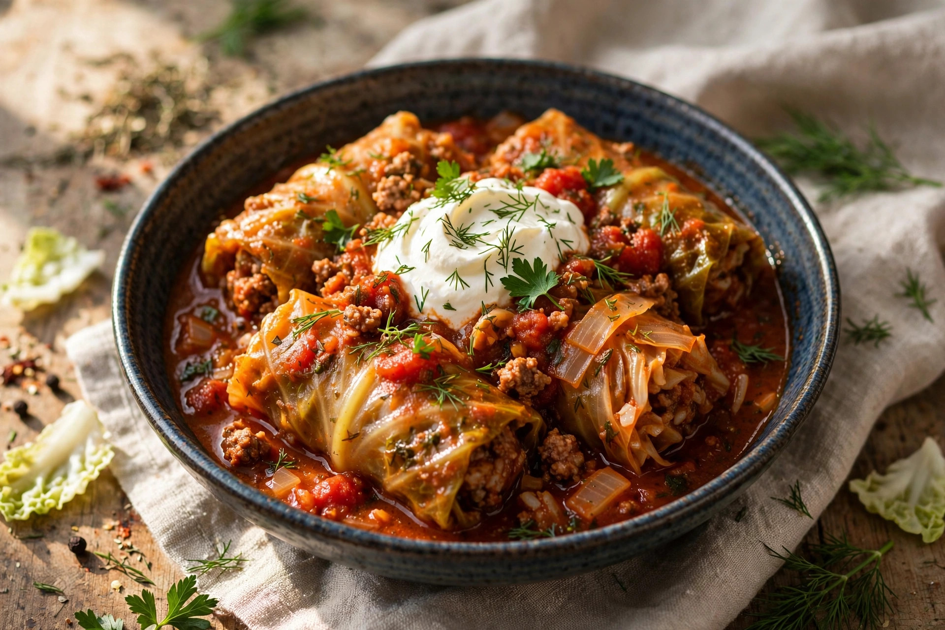 Golden baked lazy cabbage rolls patties on a baking sheet, garnished with fresh herbs