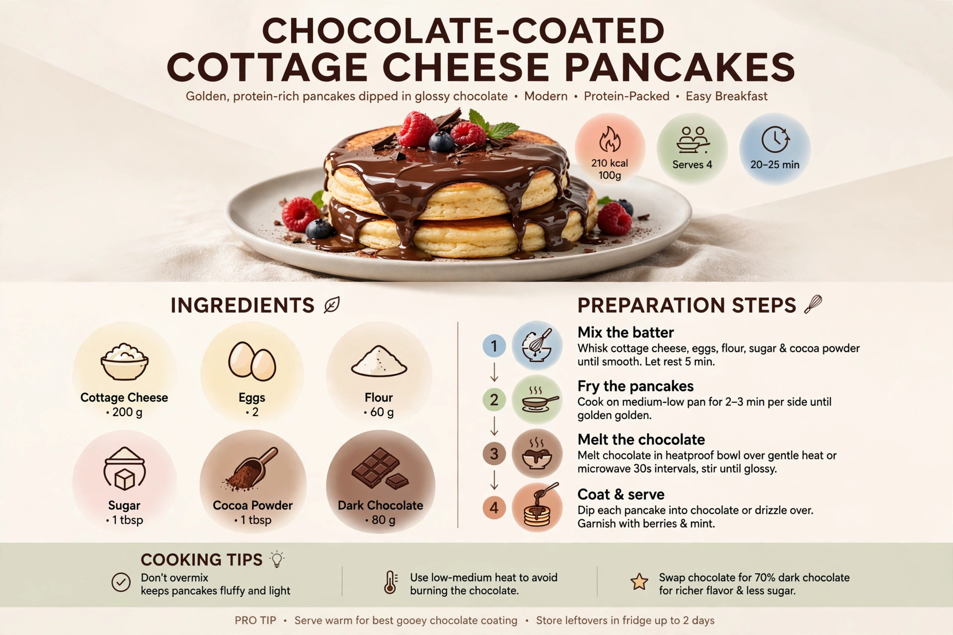 Recipe infographic: Chocolate-Coated Cottage Cheese Pancakes — ingredients and step-by-step visual guide