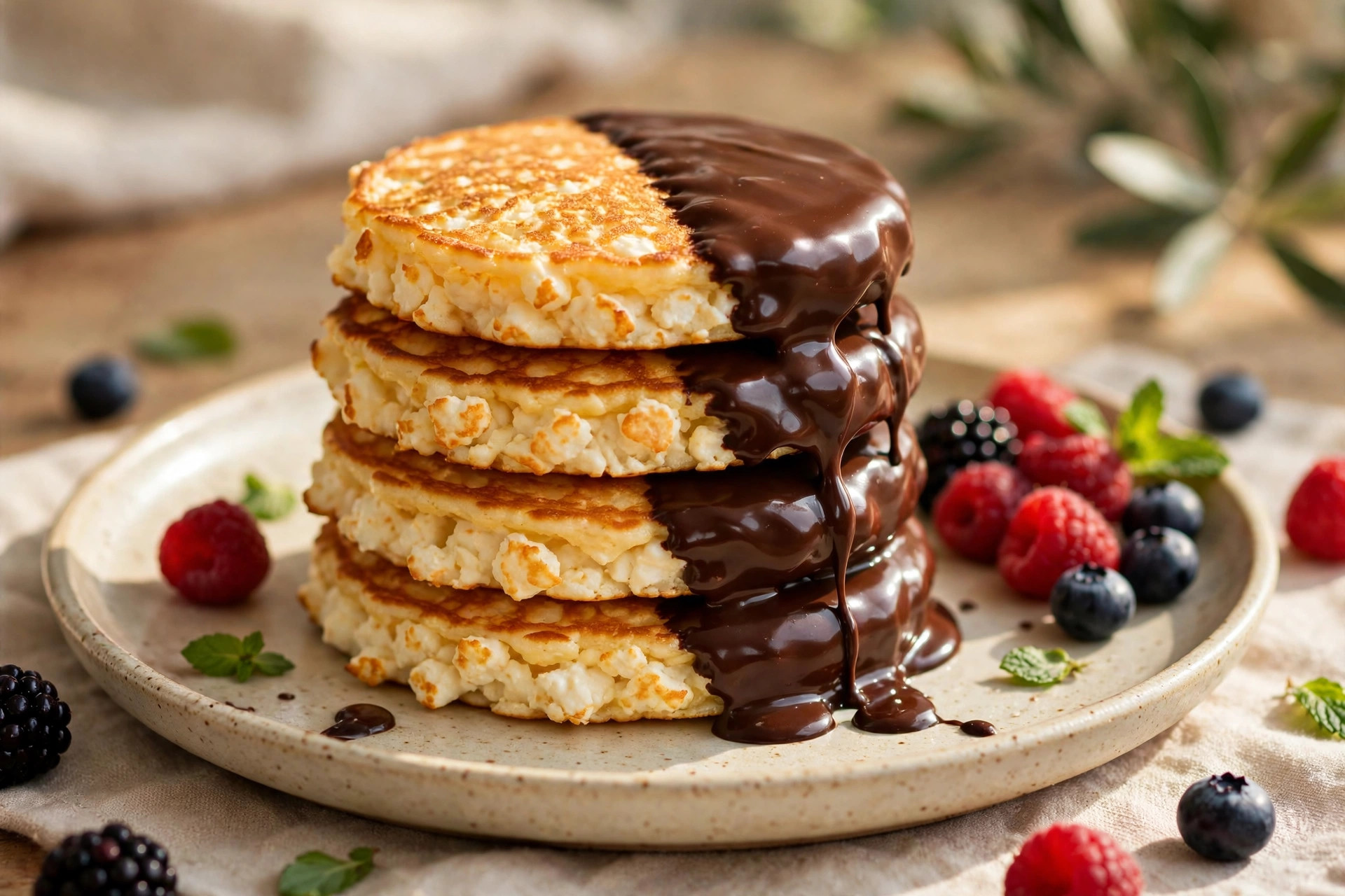 Chocolate-coated cottage cheese pancakes (syrniki) with a glossy chocolate shell on a plate