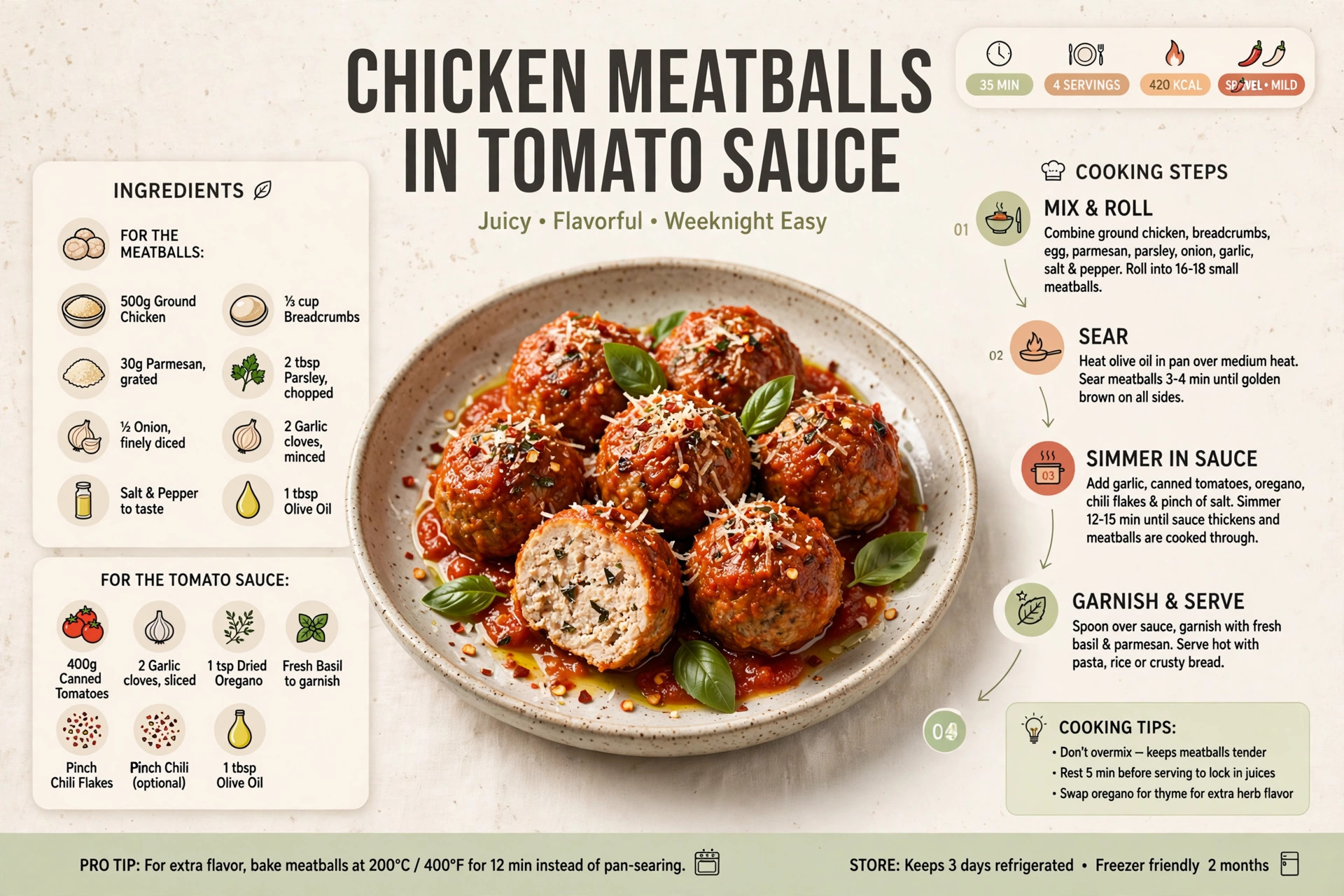 Recipe infographic: Chicken Meatballs in Tomato Sauce — ingredients and step-by-step visual guide