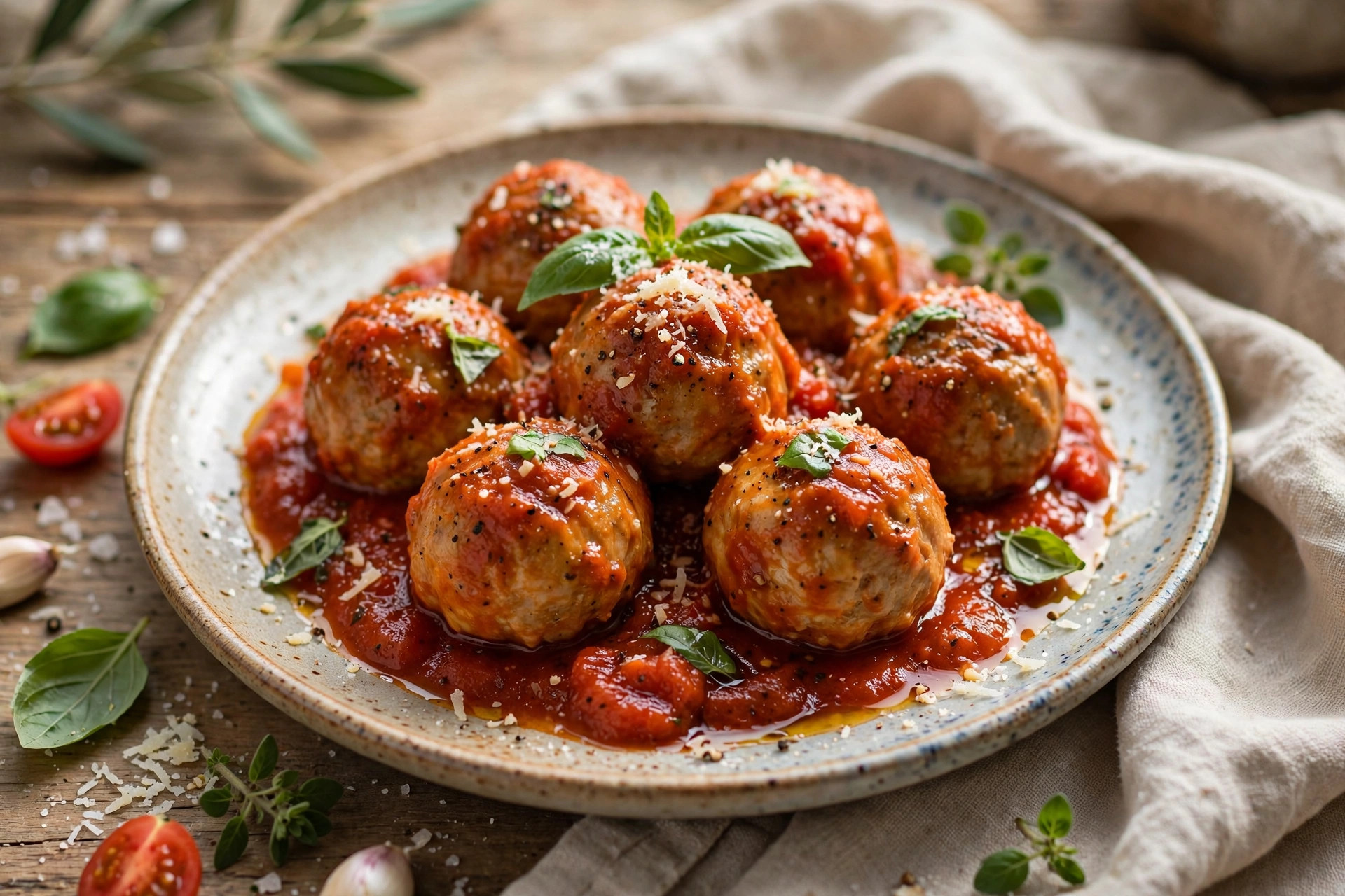 Chicken meatballs simmering in rich tomato sauce in a skillet, garnished with fresh dill