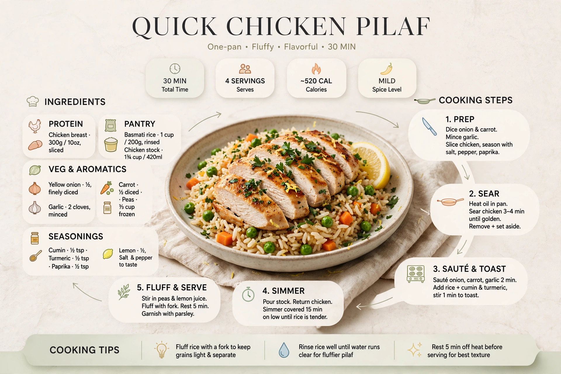 Recipe infographic: Quick Chicken Pilaf — ingredients and step-by-step visual guide