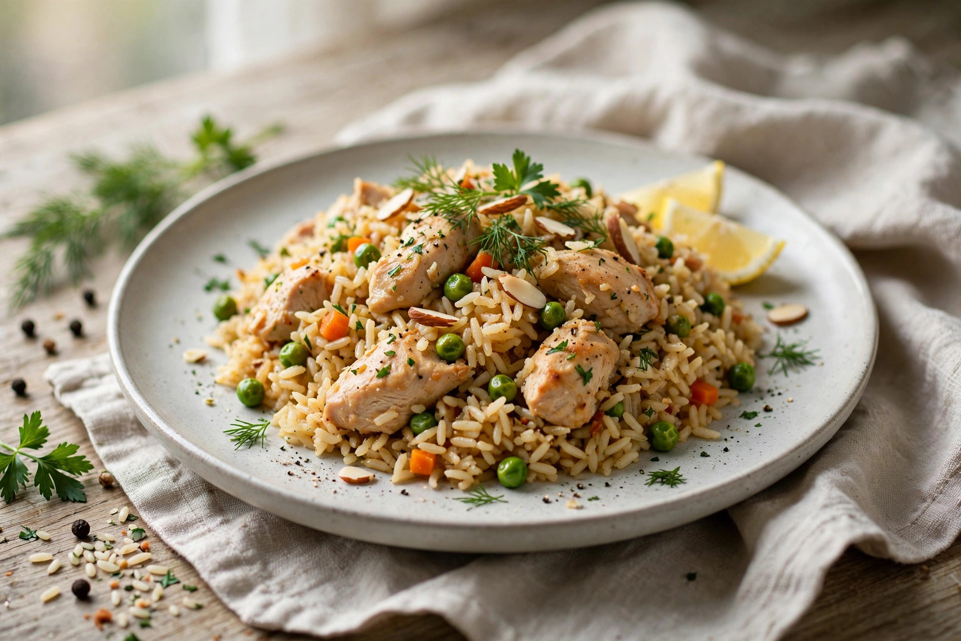 Fluffy chicken pilaf with golden chicken pieces and julienned carrot served in a deep pan