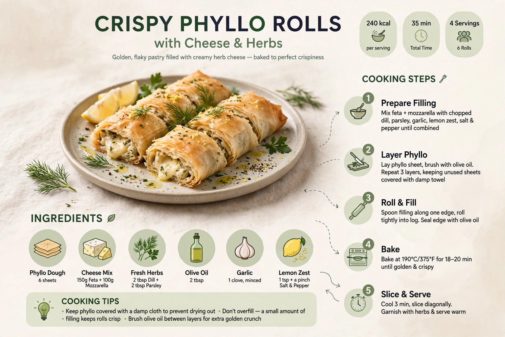 Recipe infographic: Crispy Phyllo Rolls with Cheese and Herbs — ingredients and step-by-step visual guide